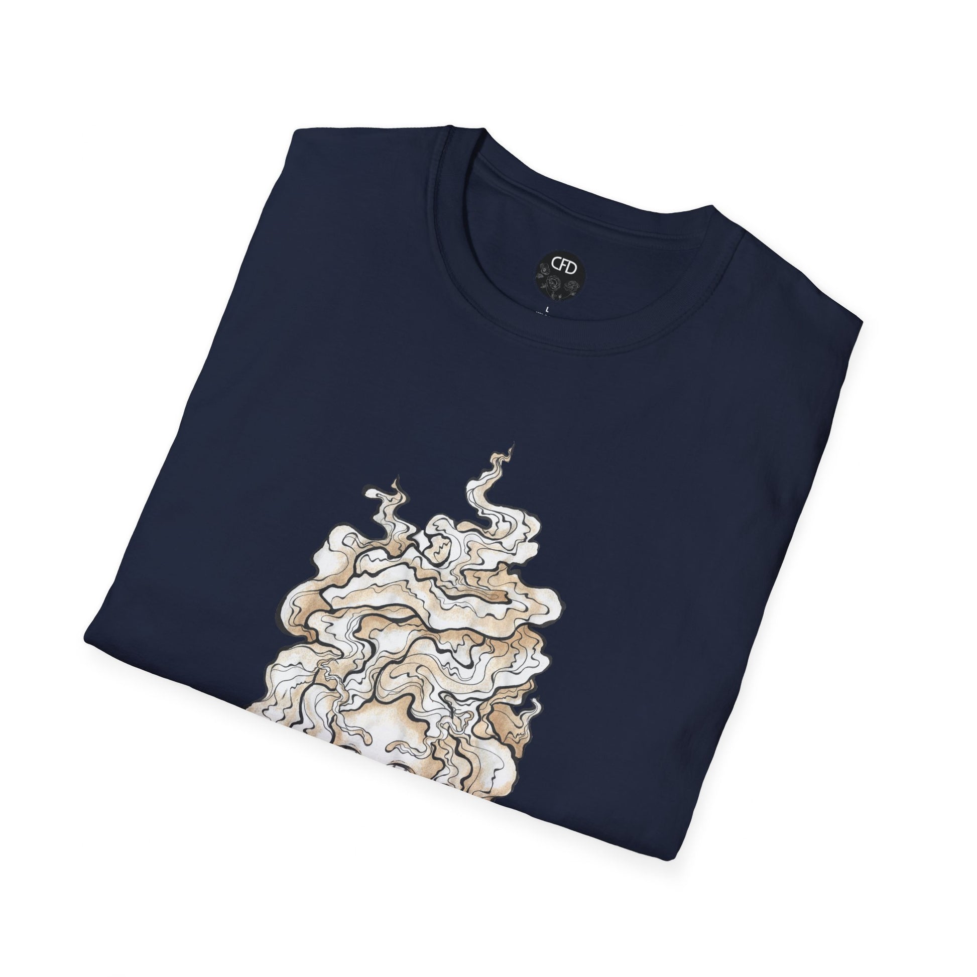 This is the Heather Indigo Earl Grey Softstyle T-Shirt by Chris Foster Design. It comes in sizes XS-5XL. The image showcases the front of the shirt folded. The illustration that can be seen is the steam is swirly and goes up and outwards. In the middle is a lady's face that is seen a little. The inside of the shirt has the Chris Foster Design circular logo in black, flowers and writing is white. The size label is also white. The t-shirt is against a white background.