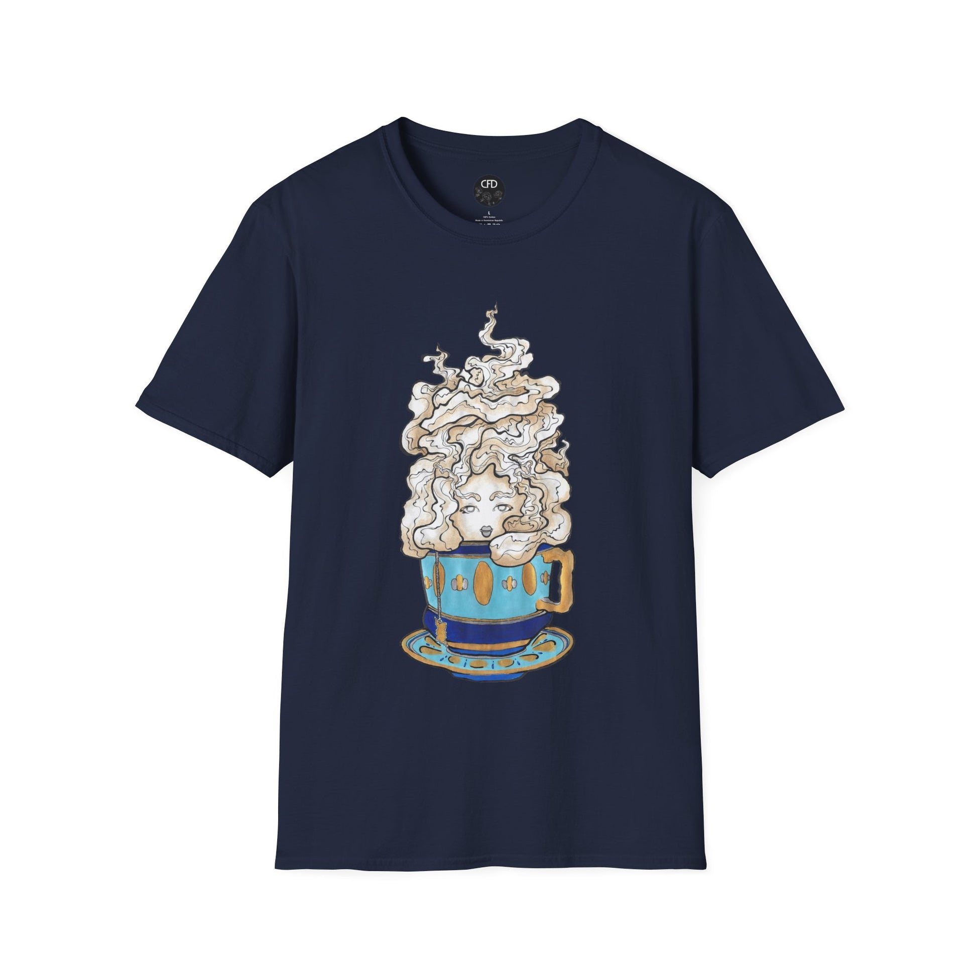 This is the Navy Earl Grey Softstyle T-Shirt by Chris Foster Design. It comes in sizes XS-5XL. The image showcases the front of the shirt. The illustration is of a gold, light blue and dark blue teacup with a tan, yellow and white steam. The steam is swirly and goes up and outwards. In the middle is a lady's face. The t-shirt is against a white background.