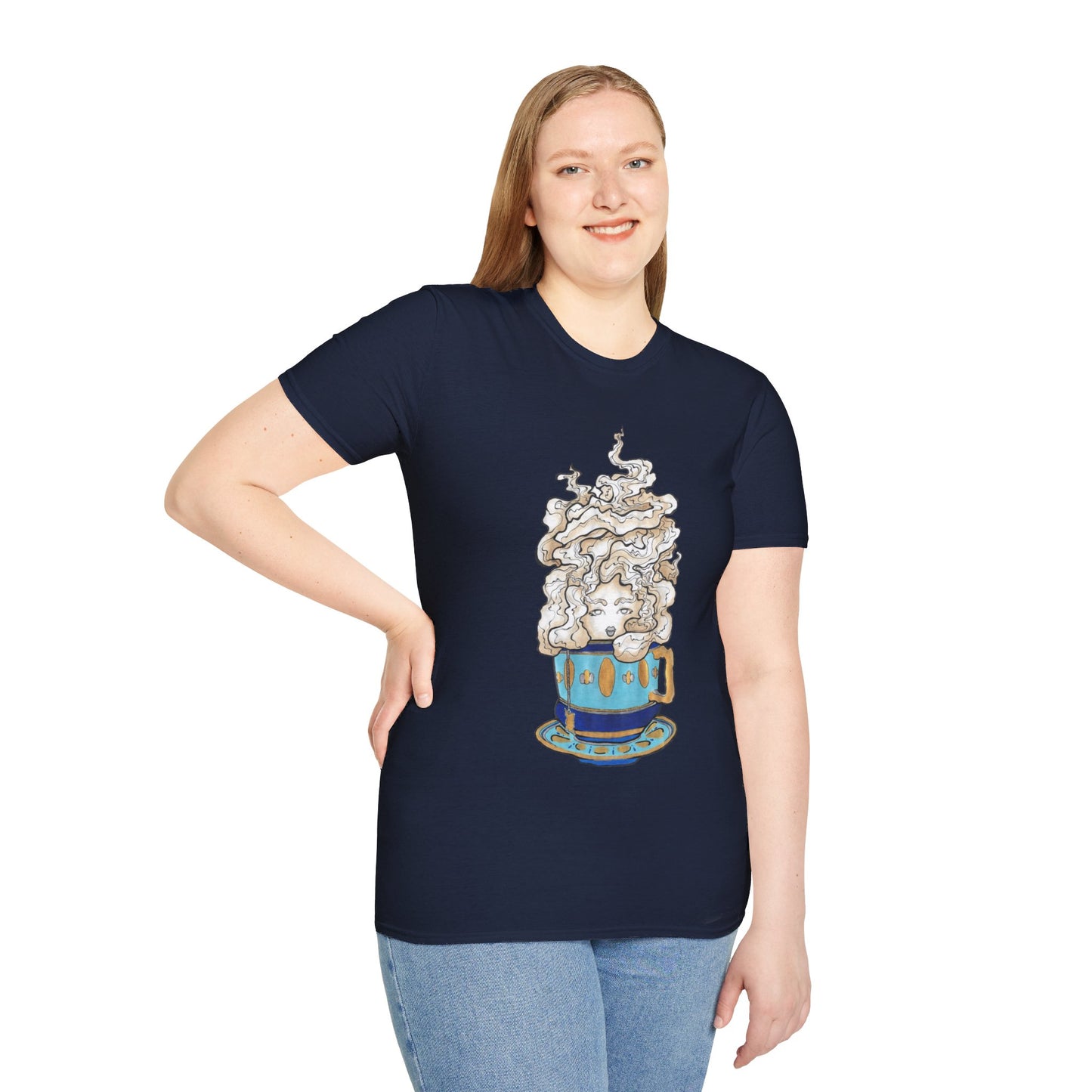 This is the Navy Earl Grey Softstyle T-Shirt by Chris Foster Design. It comes in sizes XS-5XL. The illustration is of a gold, light blue and dark blue teacup with a tan, yellow and white steam. The steam is swirly and goes up and outwards. In the middle is a lady's face. A smiling lady facing the front with her head tilted slightly to the left, hair behind shoulders, right hand on waist, other hand hanging naturally and is wearing dark jeans and the designed t-shirt. 