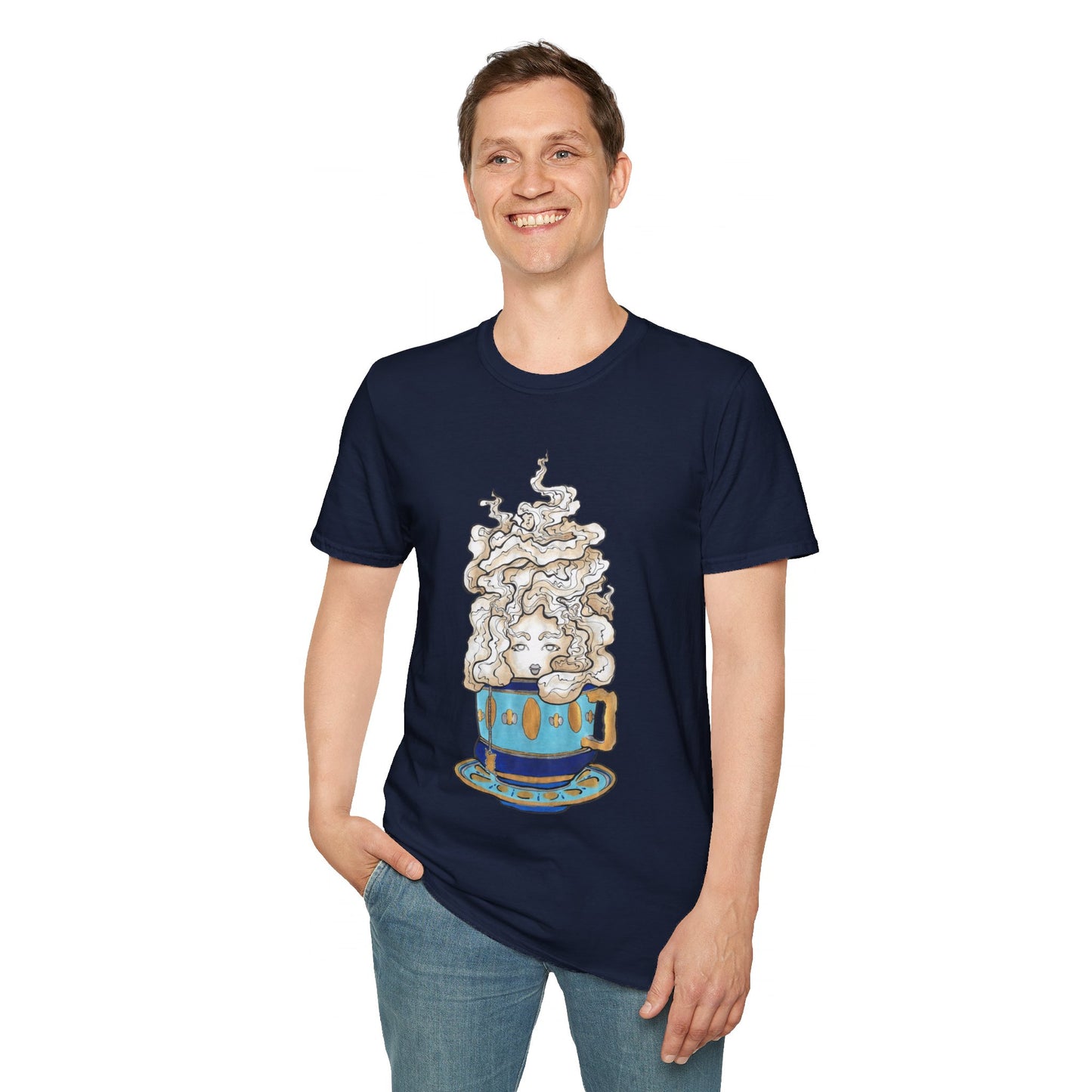 This is the Navy Earl Grey Softstyle T-Shirt by Chris Foster Design. It comes in sizes XS-5XL. The illustration is of a gold, light blue and dark blue teacup with a tan, yellow and white steam. The steam is swirly and goes up and outwards. In the middle is a lady's face. A smiling man has his right hand in the jean pocket wearing the shirt and the other hand by his side. He is slightly looking to the left while standing against a white background.