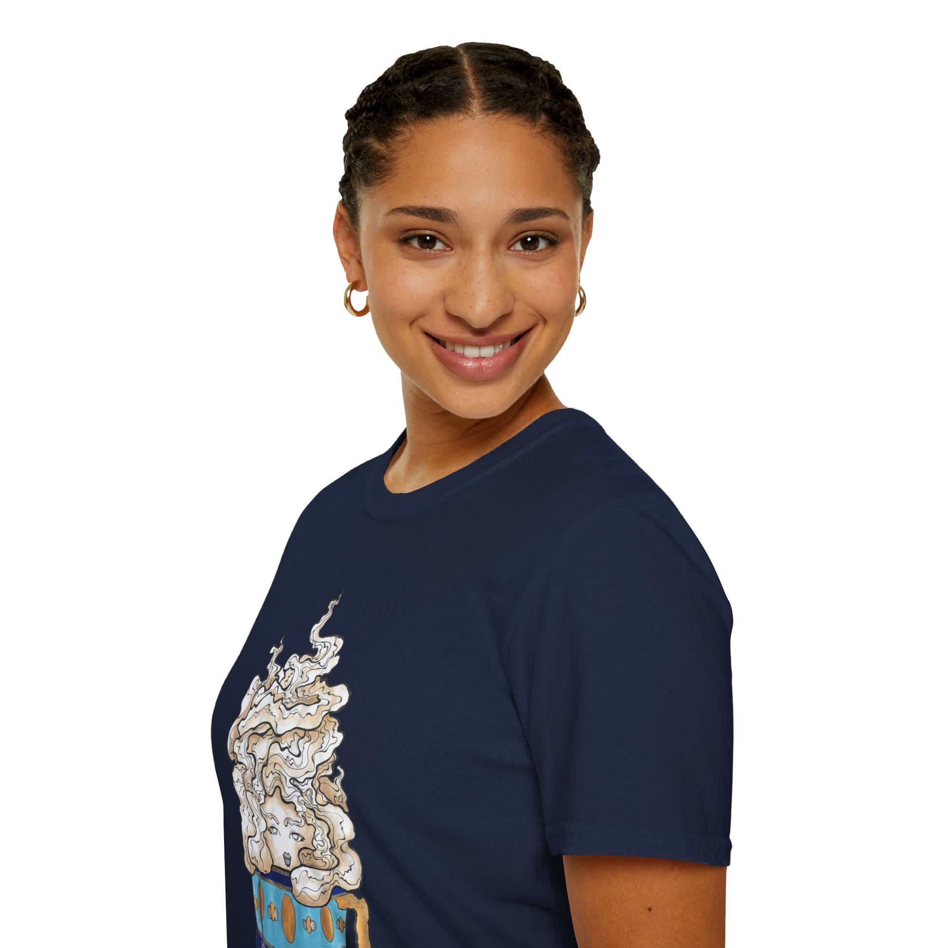 This is the Navy Earl Grey Softstyle T-Shirt by Chris Foster Design. It comes in sizes XS-5XL. The illustration is of a gold, light blue and dark blue teacup with a tan, yellow and white steam. The steam is swirly and goes up and outwards. In the middle is a lady's face. A smiling lady is looking over her left shoulder towards the camera, wearing small gold hoops and hair tied back. The image is of her upper body with the t-shirt on. She is against a white background.