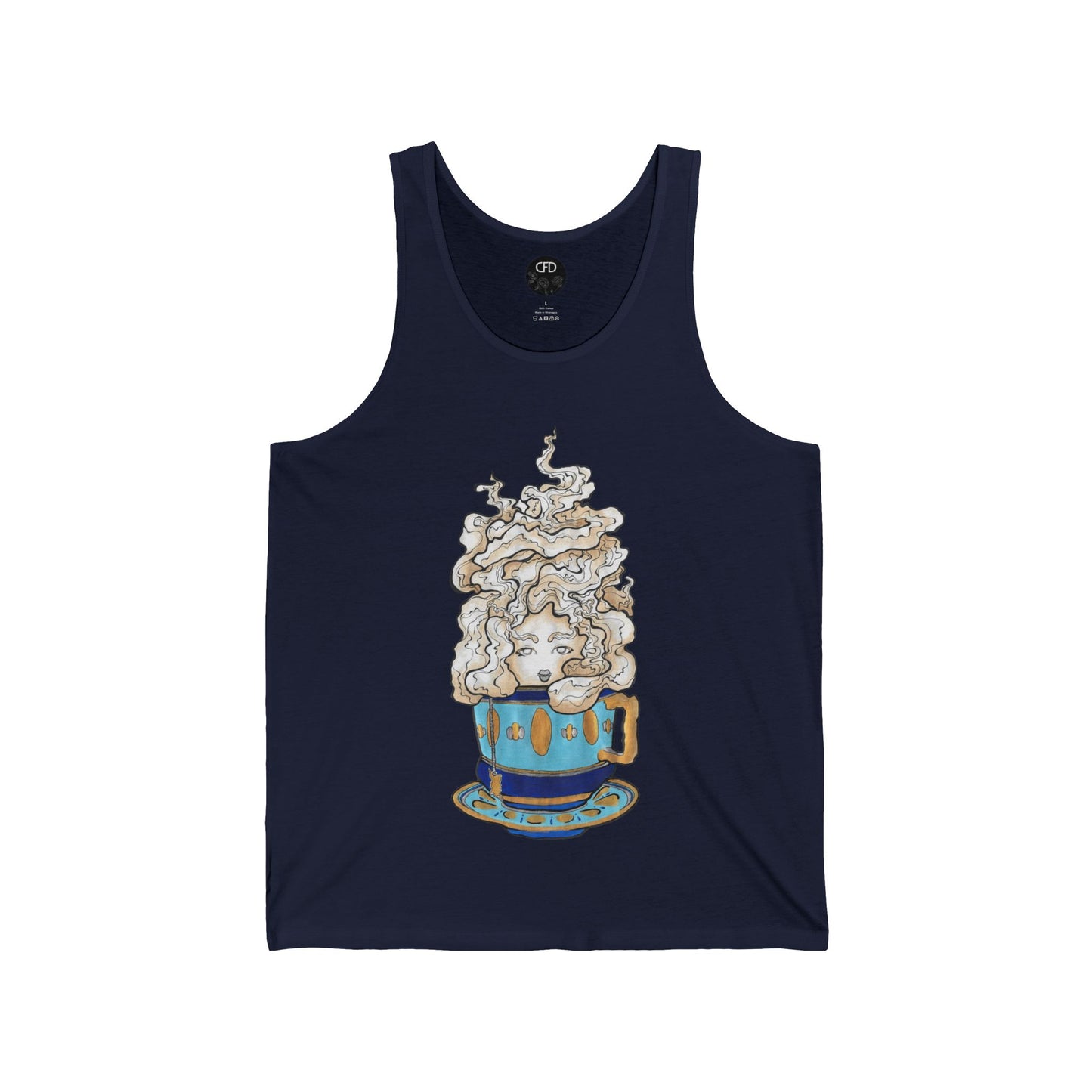 This is the Navy Earl Grey Tank by Chris Foster Design. This showcases the front of the tank. The illustration is of a gold, light blue and dark blue teacup with a tan, yellow and white steam. The steam is swirly and goes up and outwards. In the middle is a lady's face. The circular studio logo is on the inside of the tank printed in white, the size label is printed in white. It is against a white background.