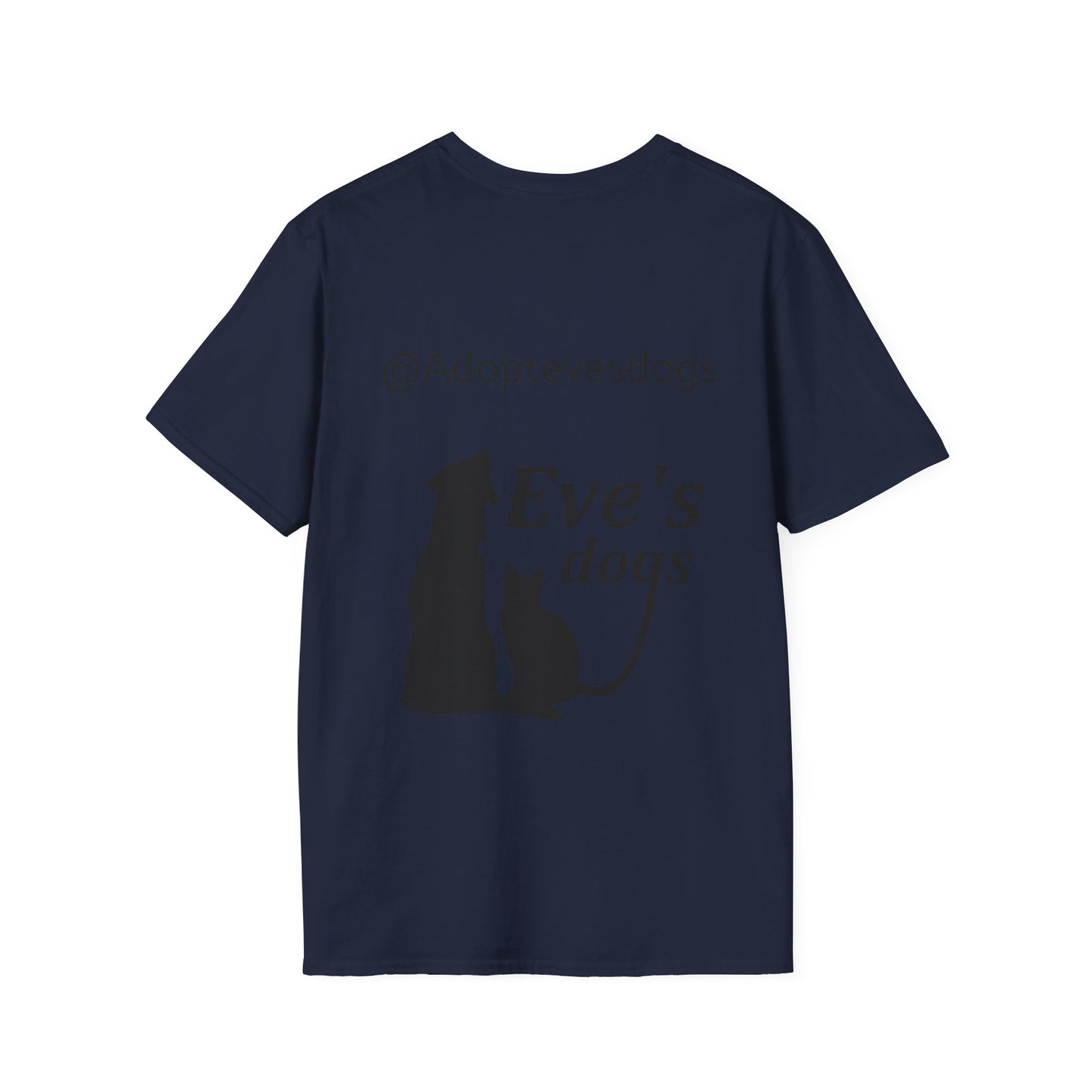 This is the Navy Adopt Eve's Dogs T-Shirt. It comes in XS - 5XL. This is an image of the back of the shirt. On the back there is print in black saying, "@Adoptevesdogs" and "Eve's dogs". There is a dog and cat printed on the back too. It is against a white background.