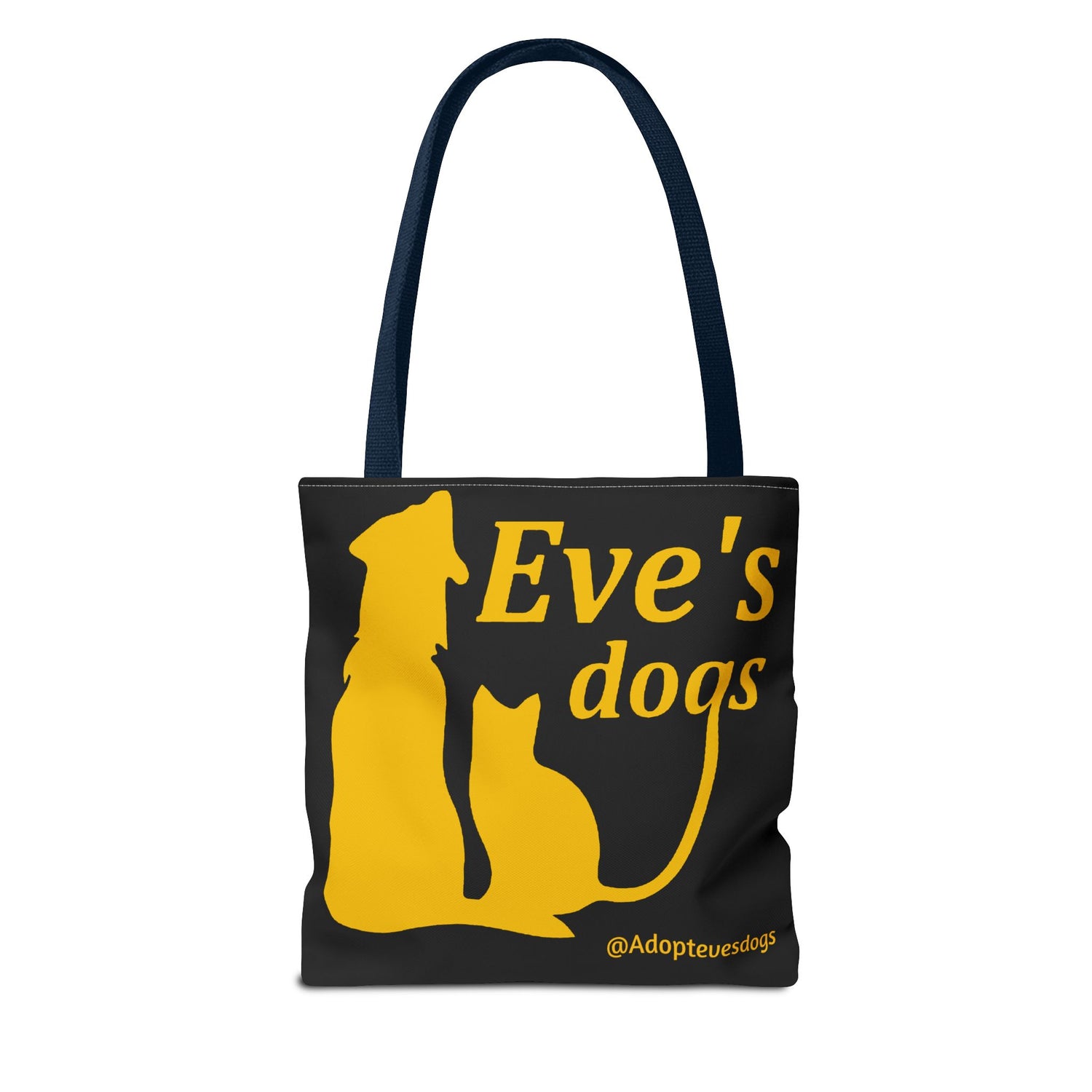 This is the Navy 13" x 13" Adopt Eve's Dog Tote Bag. This is the front image of the tote. The handles are navy. The top of the tote is hemmed in yellow. The tote is all over black with the image of a dog, cat, "Eve's Dogs" and "@Adoptevesdogs" in yellow. The tote is against an all white background.