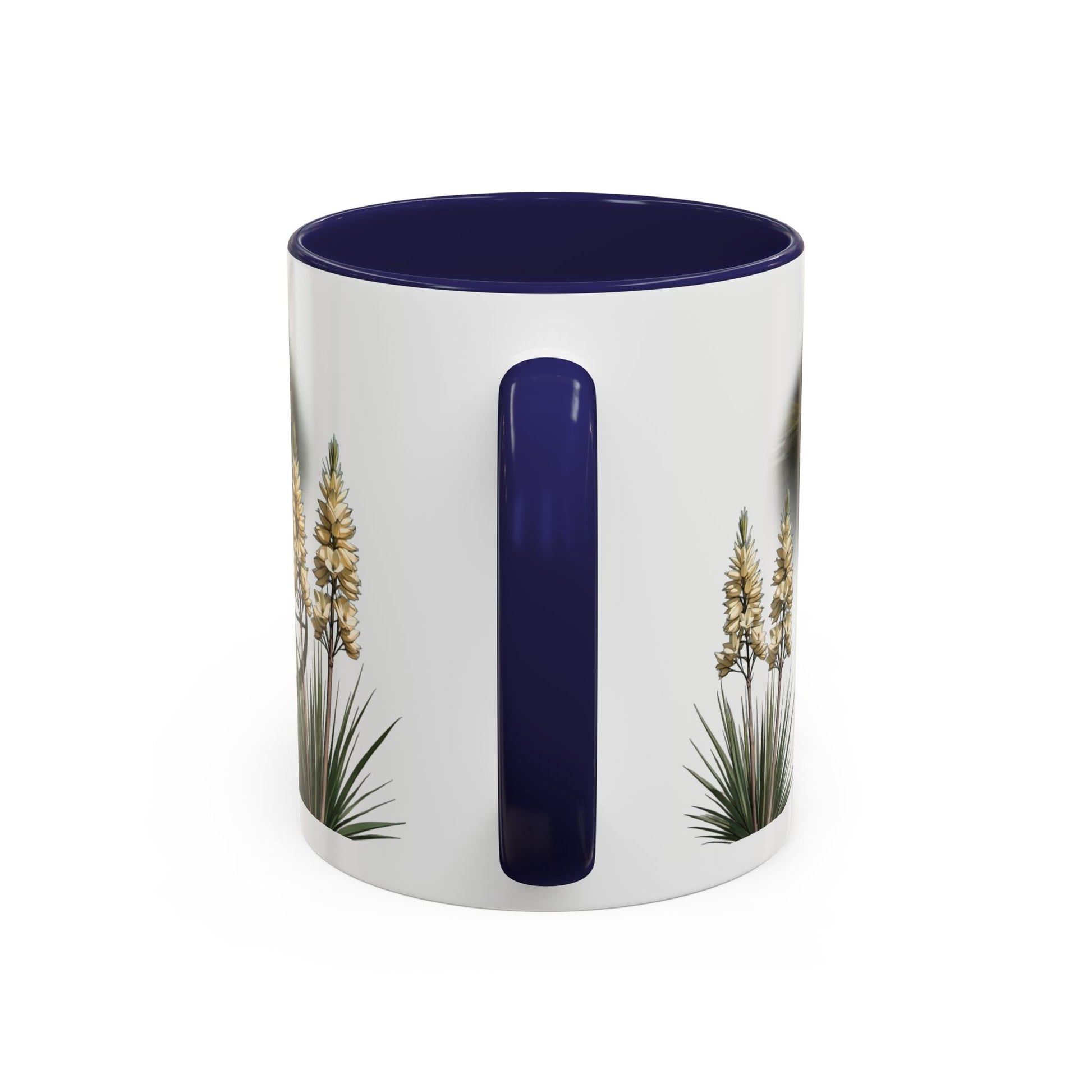 This is the 11oz Navy Lake Gaston Mug. It is an illustration by Lee Hansheng Studios. The picture is shown from the handle. The handle and inside of mug is color matched too. There are some American yucca plants shown on the left and right side. The mug is all white except for the illustration and handle.