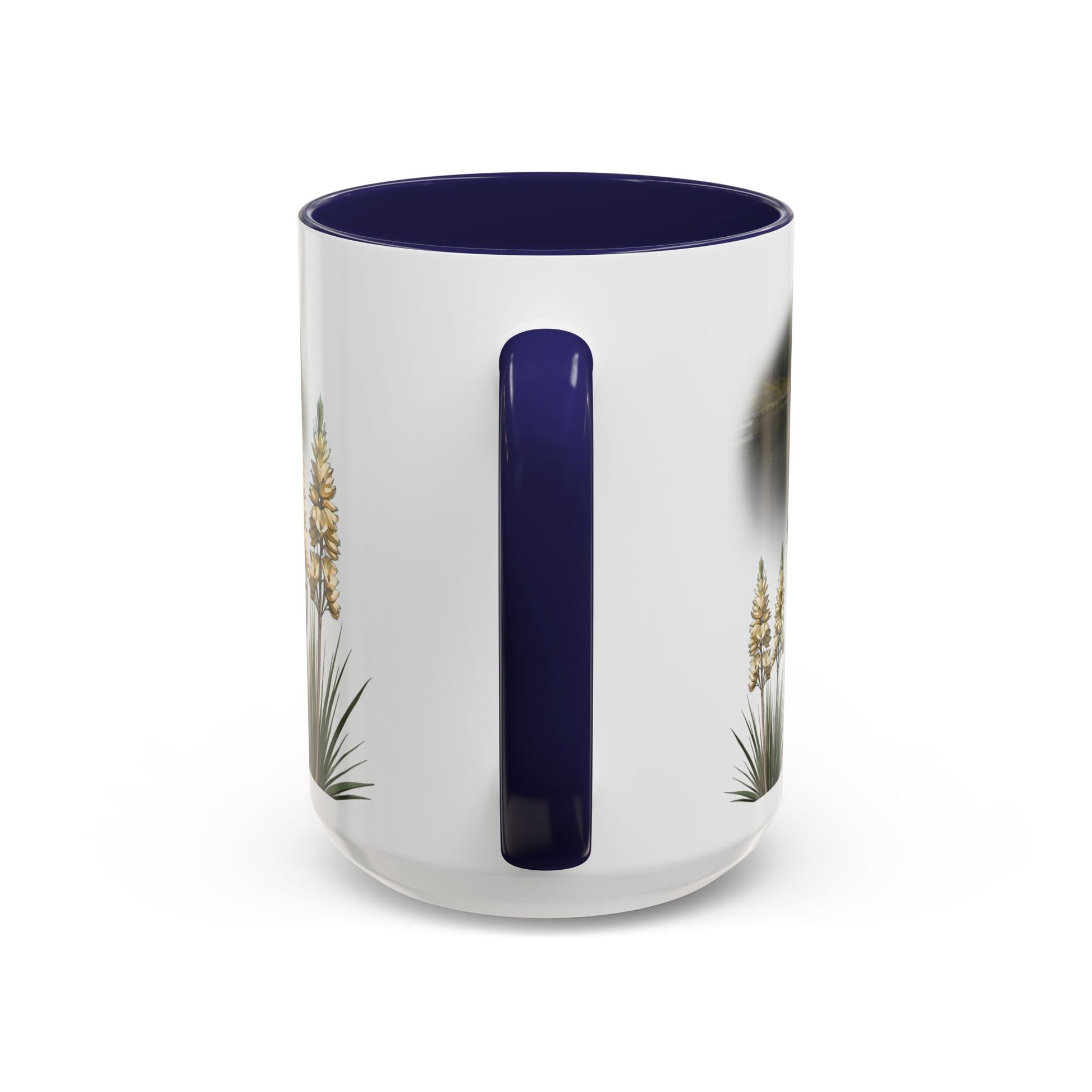 This is the 15oz Navy Lake Gaston Mug. It is an illustration by Lee Hansheng Studios. The picture is shown from the handle. The handle and inside of mug is color matched too. There are some American yucca plants shown on the left and right side. The mug is all white except for the illustration and handle.