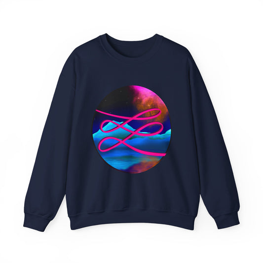 This is the Navy Swirl Heavy Blend Crewneck Sweatshirt by Lee Hansheng Studios. It comes in sizes S-3XL. This shows the front of the sweatshirt. The illustration is circular and covers the front of the shirt. The design is a hot pink swirl from left to right. The background has a mountain landscape that is reflected. The colors are pink, black, orange and blue. The wrists and waists are hemmed. It is against a white background.