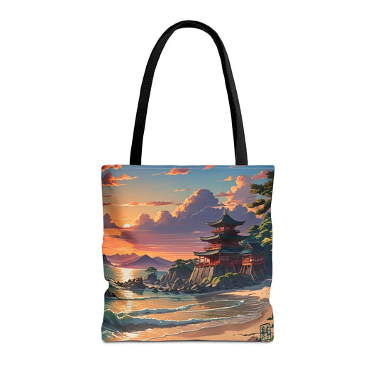 This is the Navy 16" x 16" Temple of Peace All-over Print Tote Bag by Lee Hansheng Studios.The illustration shows a setting red/orange sun above clouds,two blue roof,brown/red walled temples on the right on top of the hills,mountains,blue/white waves into sand and a forest to the right.On the bottom right corner is the logo printed in black for the studio and outlined in blue. The tote is against a white background.