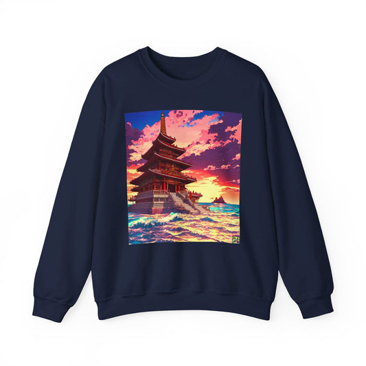 This is the Navy Temple on the Sea Heavy Blend Crewneck Sweatshirt by Lee Hansheng Studios. This comes in sizes S-3XL. This is an image of the front of the sweatshirt. The illustration has a temple with 4 stories on the left surround by crashing waves of the sea, mountains on the right in the background. There is a little bit of the sunset peeking through behind the temple. The colors are a mix of blues, pinks, reds and yellows. The image of the sweatshirt is against a white background.