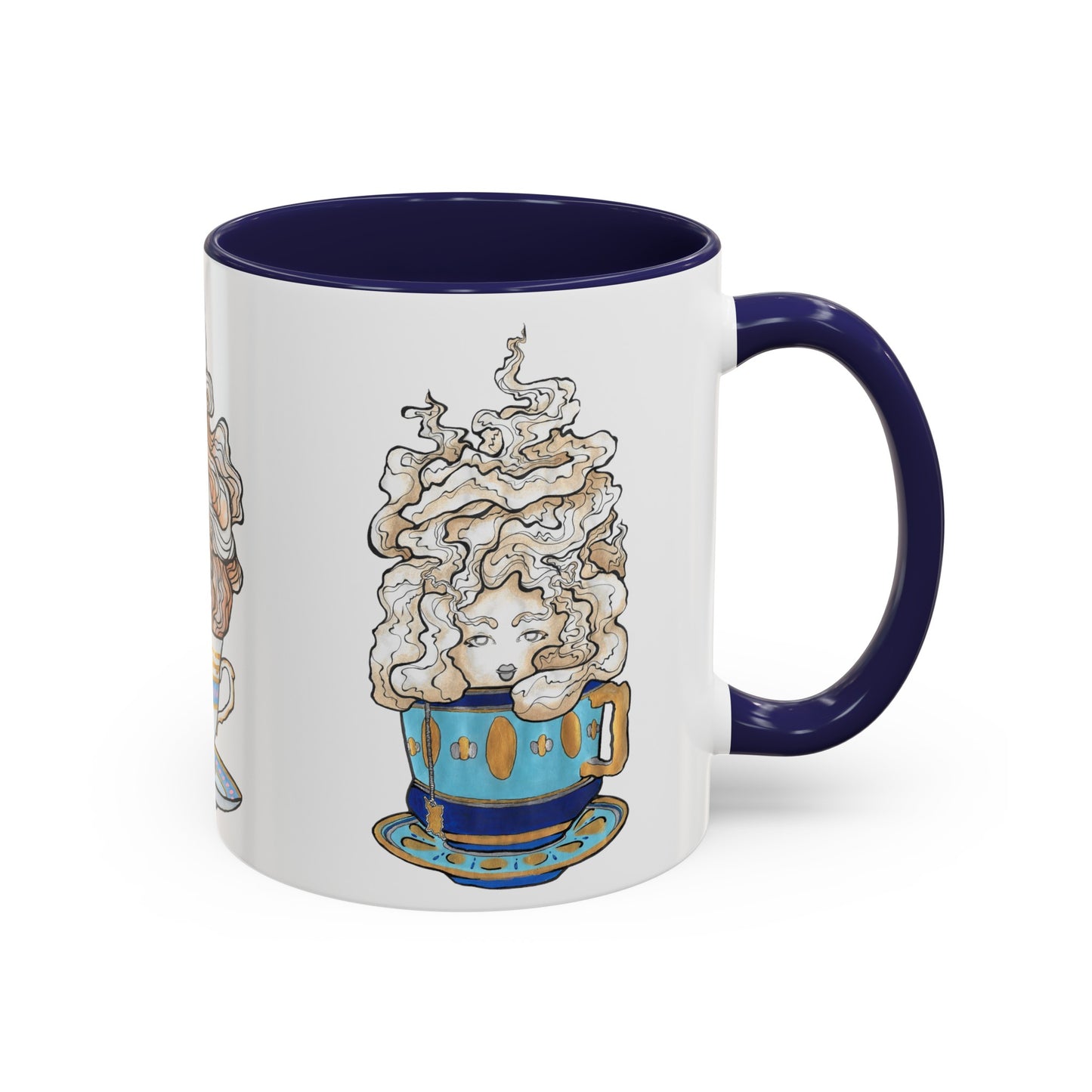 This is the Navy 11 oz Three Teas Mug by Chris Foster Design. This is the mug from the right side where the handle is. The handle and inside of the mug are both color matched. The cup body is white. The illustration is called Earl Grey. A gold, light blue and dark blue teacup with a tan, yellow and white steam. The steam is swirly and goes up and outwards. In the middle is a lady's face. The mug is against a white background.