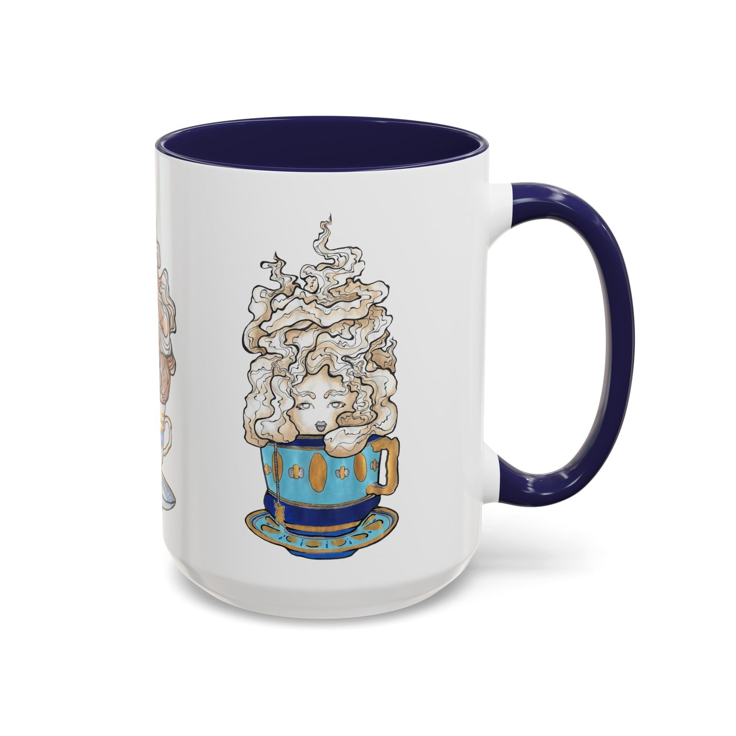 This is the Navy 15 oz Three Teas Mug by Chris Foster Design. This is the mug from the right side where the handle is. The handle and inside of the mug are both color matched. The cup body is white. The illustration is called Earl Grey. A gold, light blue and dark blue teacup with a tan, yellow and white steam. The steam is swirly and goes up and outwards. In the middle is a lady's face. The mug is against a white background.