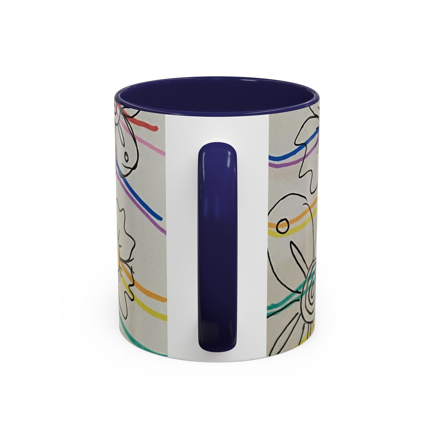 This is the 11oz Navy Wavy Flower Accent Mug by Storm Garden Studio. The image showcases view from the handle facing towards us. The handle and inside of mug are color matched. There is a white space where the handle is. To the right and left are small wave patterns on a gray background. The colors are red, pink, blue, purple, yellow and green. The image is against a white background.