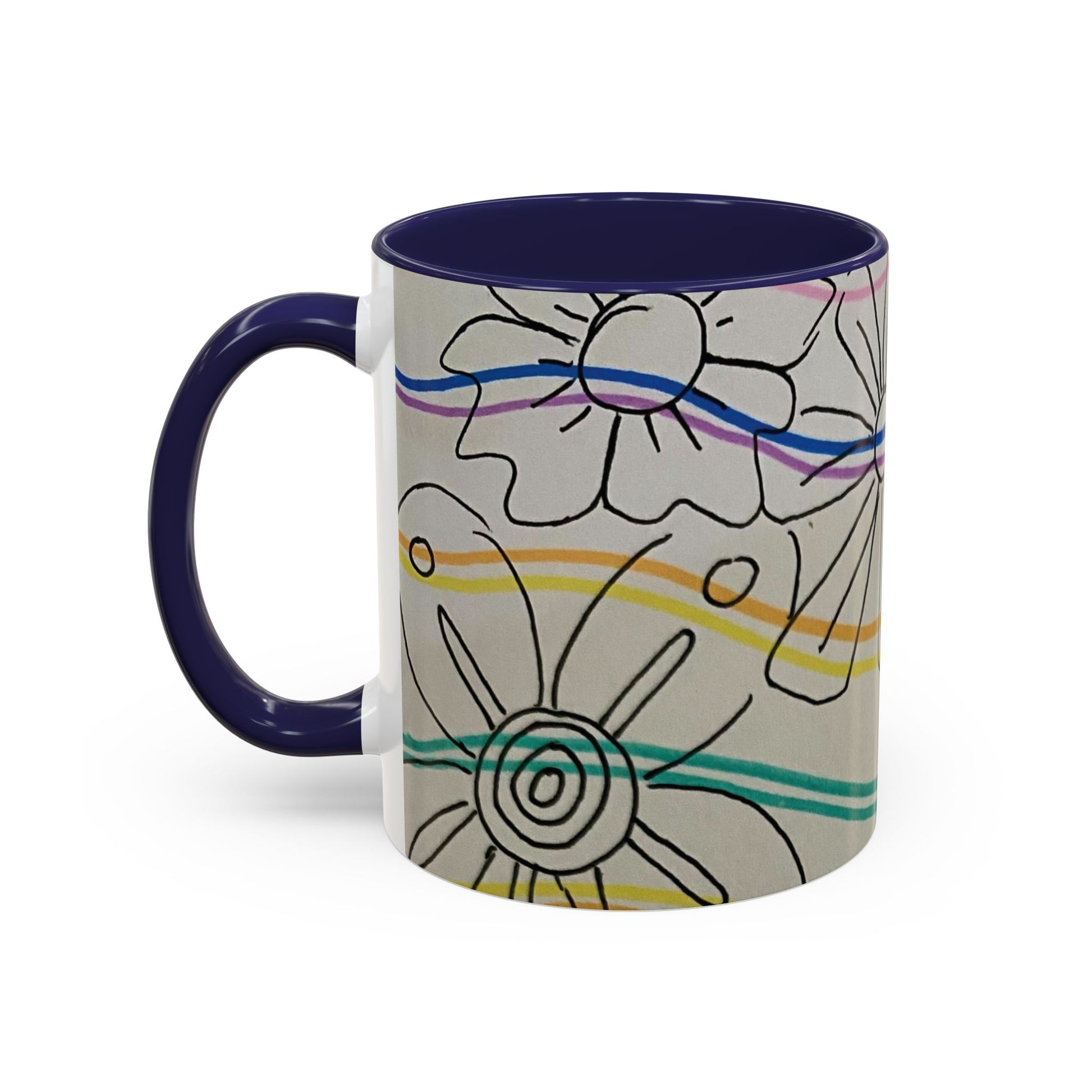 This is the 11oz Navy Wavy Flower Accent Mug by Storm Garden Studio. The image showcases view from the handle facing to the left. The handle and inside of mug are color matched. The illustration shows assorted flowers lined in black with waves behind it. There is a gray background to the illustration. There are two and a half flowers shown in the image. The colors are red, pink, blue, purple, yellow and green. The image is against a white background.