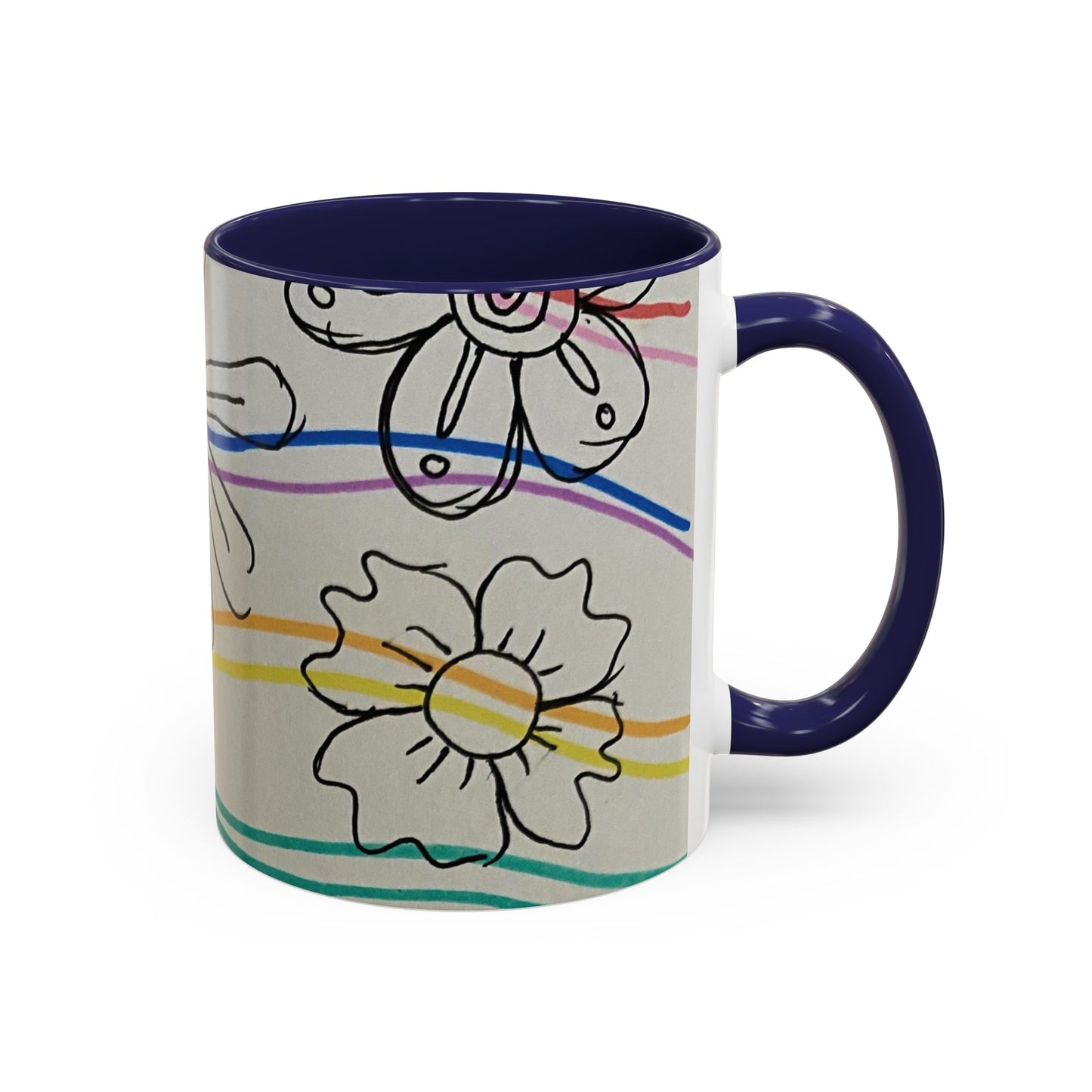 This is the 11oz Navy Wavy Flower Accent Mug by Storm Garden Studio. The image showcases view from the handle facing to the right. The handle and inside of mug are color matched. The illustration shows assorted flowers lined in black with waves behind it. There is a gray background to the illustration. There are two flowers shown in the image. The colors are red, pink, blue, purple, yellow and green. The image is against a white background.