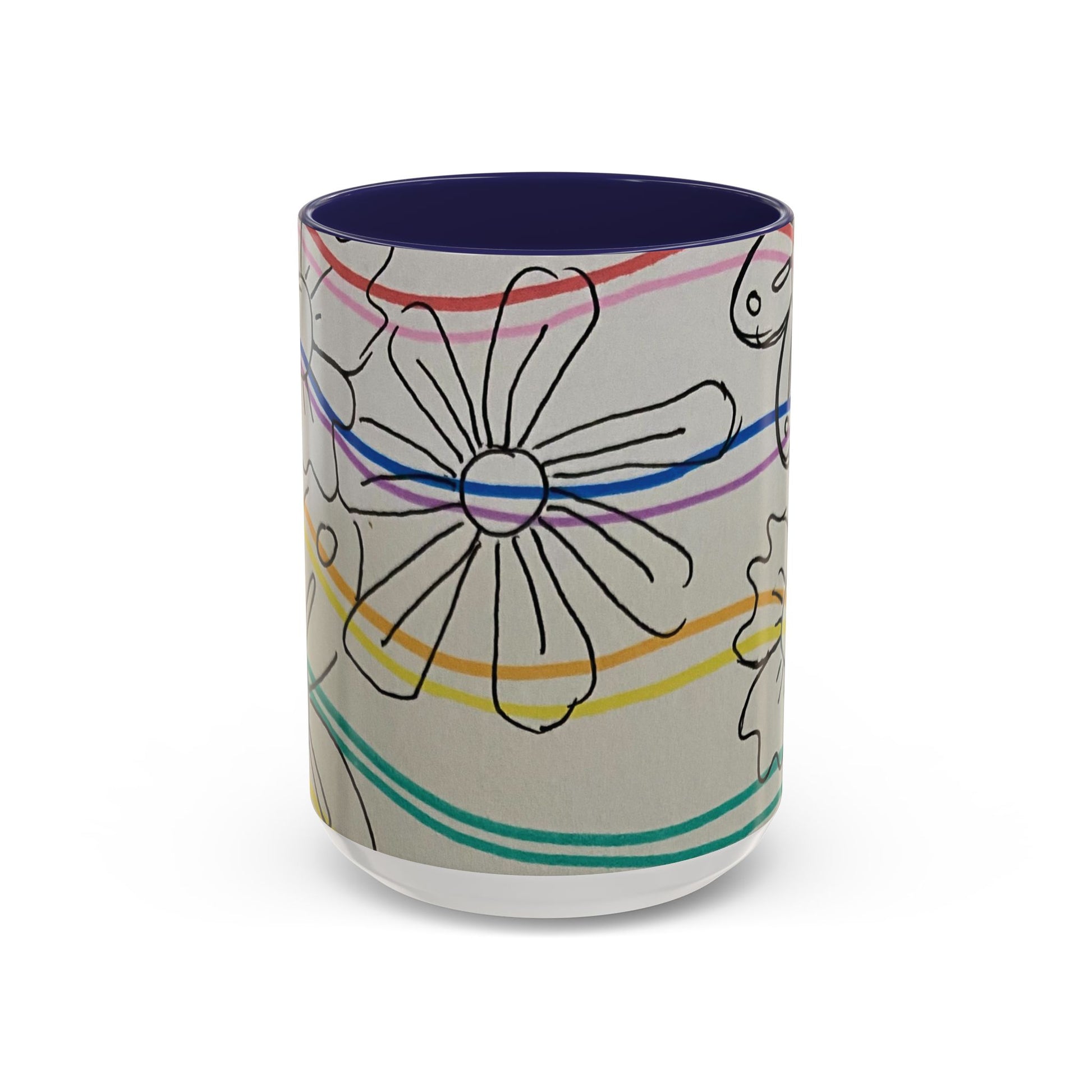 This is the 15oz Navy Wavy Flower Accent Mug by Storm Garden Studio. The image showcases view from the front. The handle and inside of mug are color matched. The illustration shows assorted flowers lined in black with waves behind it. There is a gray background to the illustration. There is one flower shown in the image and two flowers barely shown at each side. The colors are red, pink, blue, purple, yellow and green. The image is against a white background.