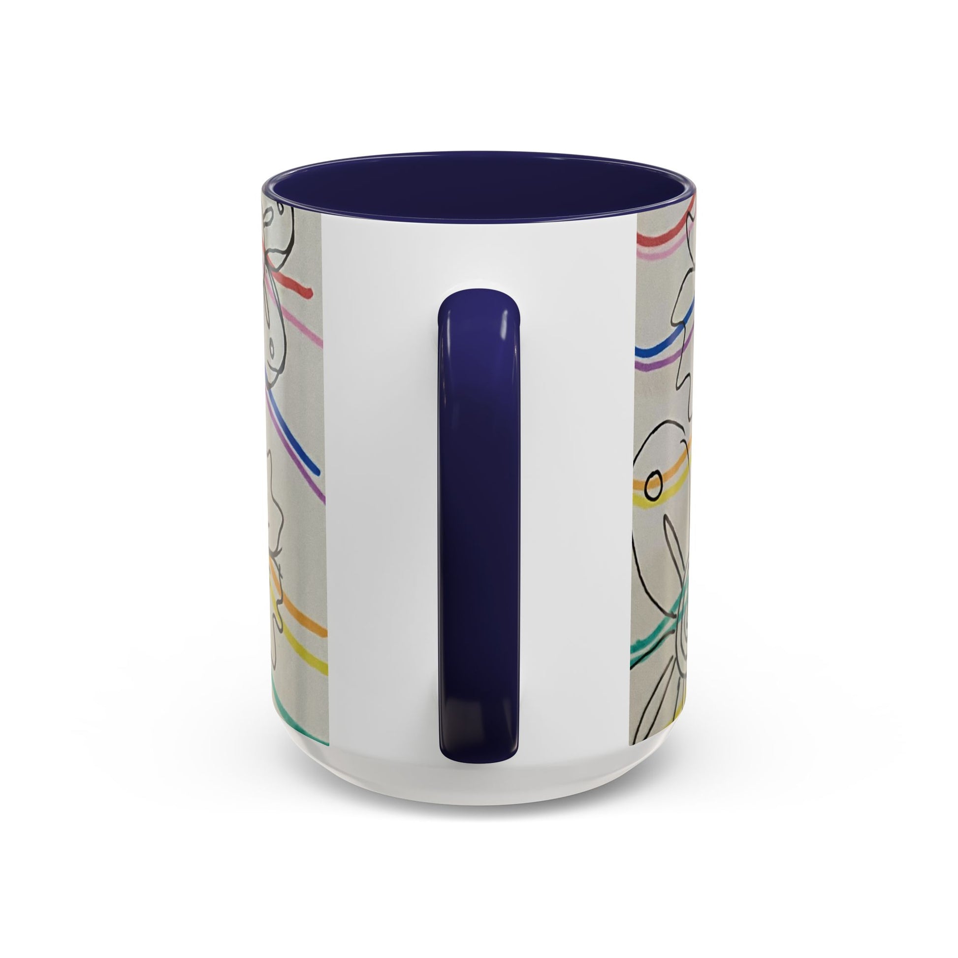 This is the 15oz Navy Wavy Flower Accent Mug by Storm Garden Studio. The image showcases view from the handle facing towards us. The handle and inside of mug are color matched. There is a white space where the handle is. To the right and left are small wave patterns on a gray background. The colors are red, pink, blue, purple, yellow and green. The image is against a white background.