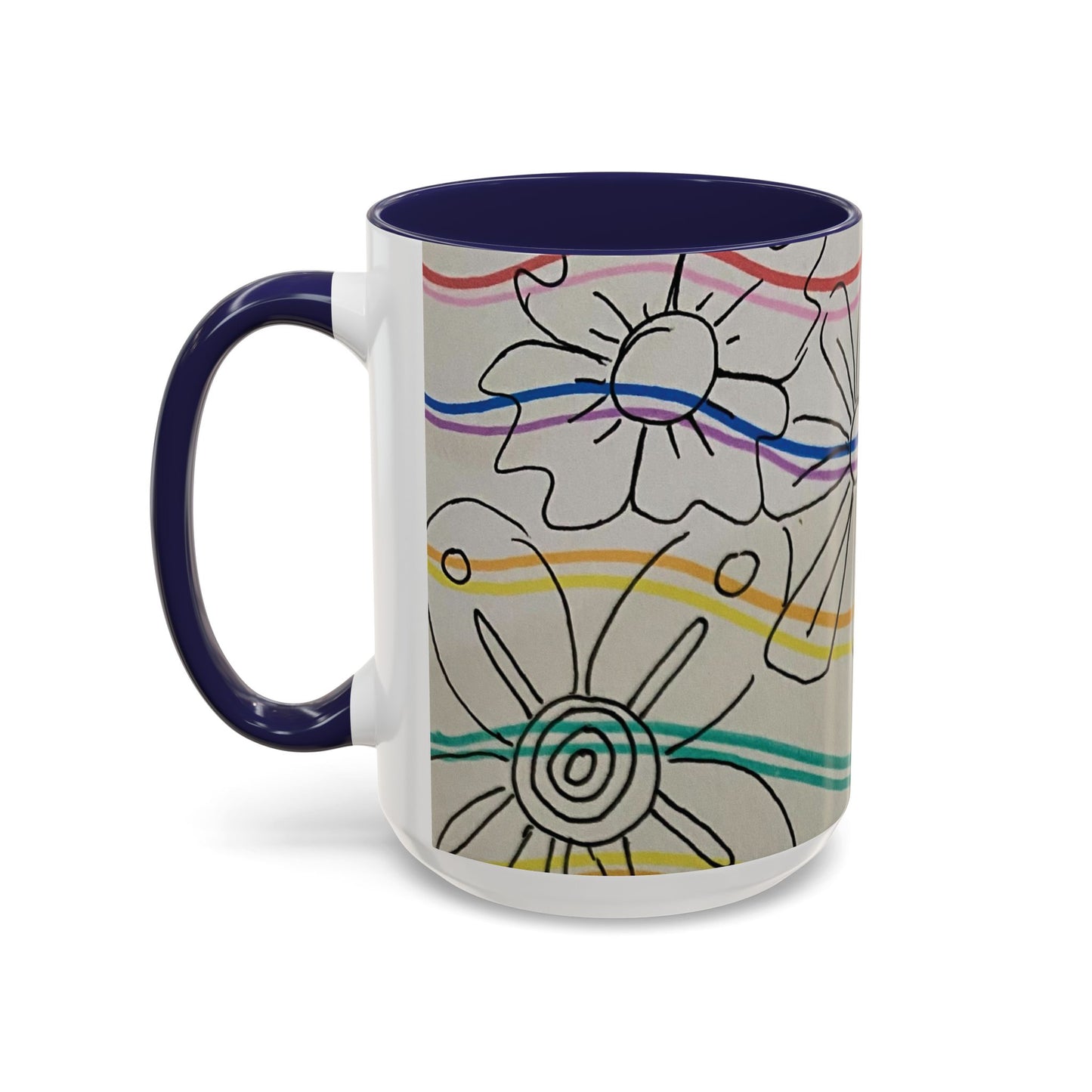 This is the 15oz Navy Wavy Flower Accent Mug by Storm Garden Studio. The image showcases view from the handle facing to the left. The handle and inside of mug are color matched. The illustration shows assorted flowers lined in black with waves behind it. There is a gray background to the illustration. There are two and a half flowers shown in the image. The colors are red, pink, blue, purple, yellow and green. The image is against a white background.