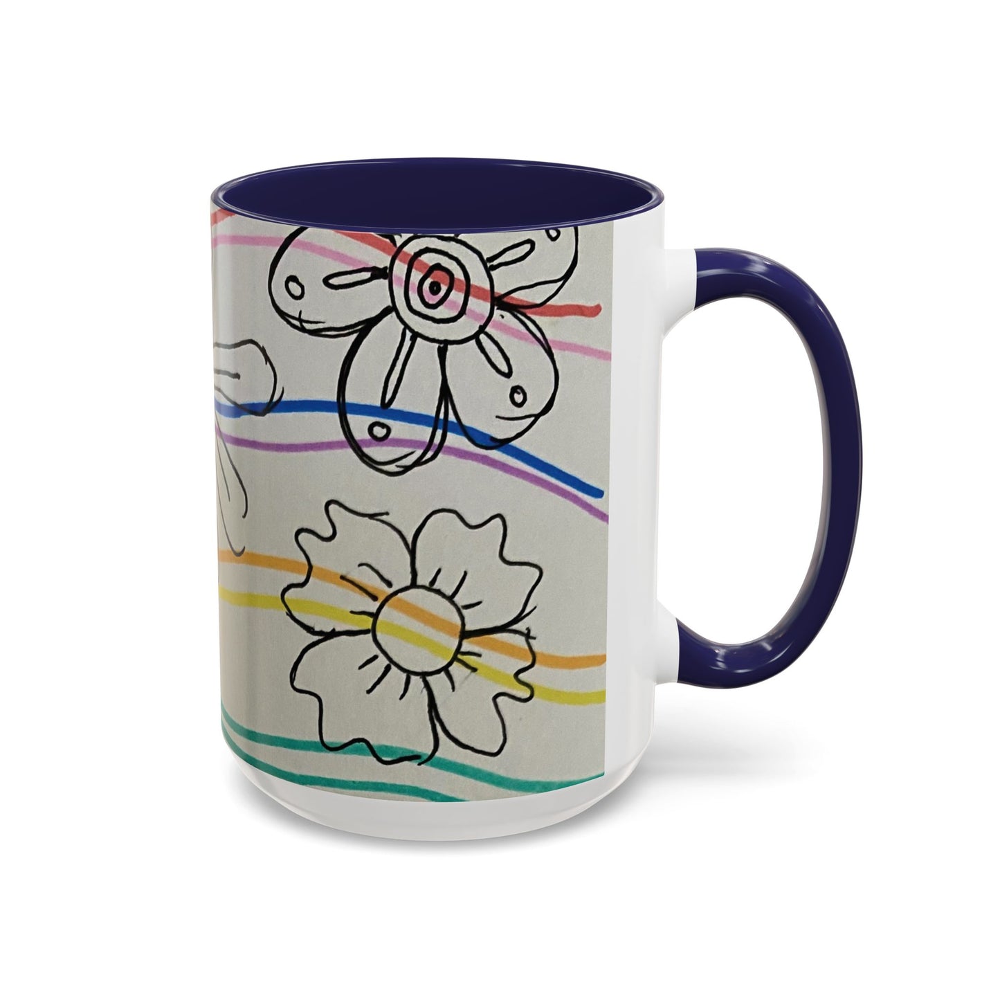 This is the 15oz Navy Wavy Flower Accent Mug by Storm Garden Studio. The image showcases view from the handle facing to the right. The handle and inside of mug are color matched. The illustration shows assorted flowers lined in black with waves behind it. There is a gray background to the illustration. There are two flowers shown in the image. The colors are red, pink, blue, purple, yellow and green. The image is against a white background.