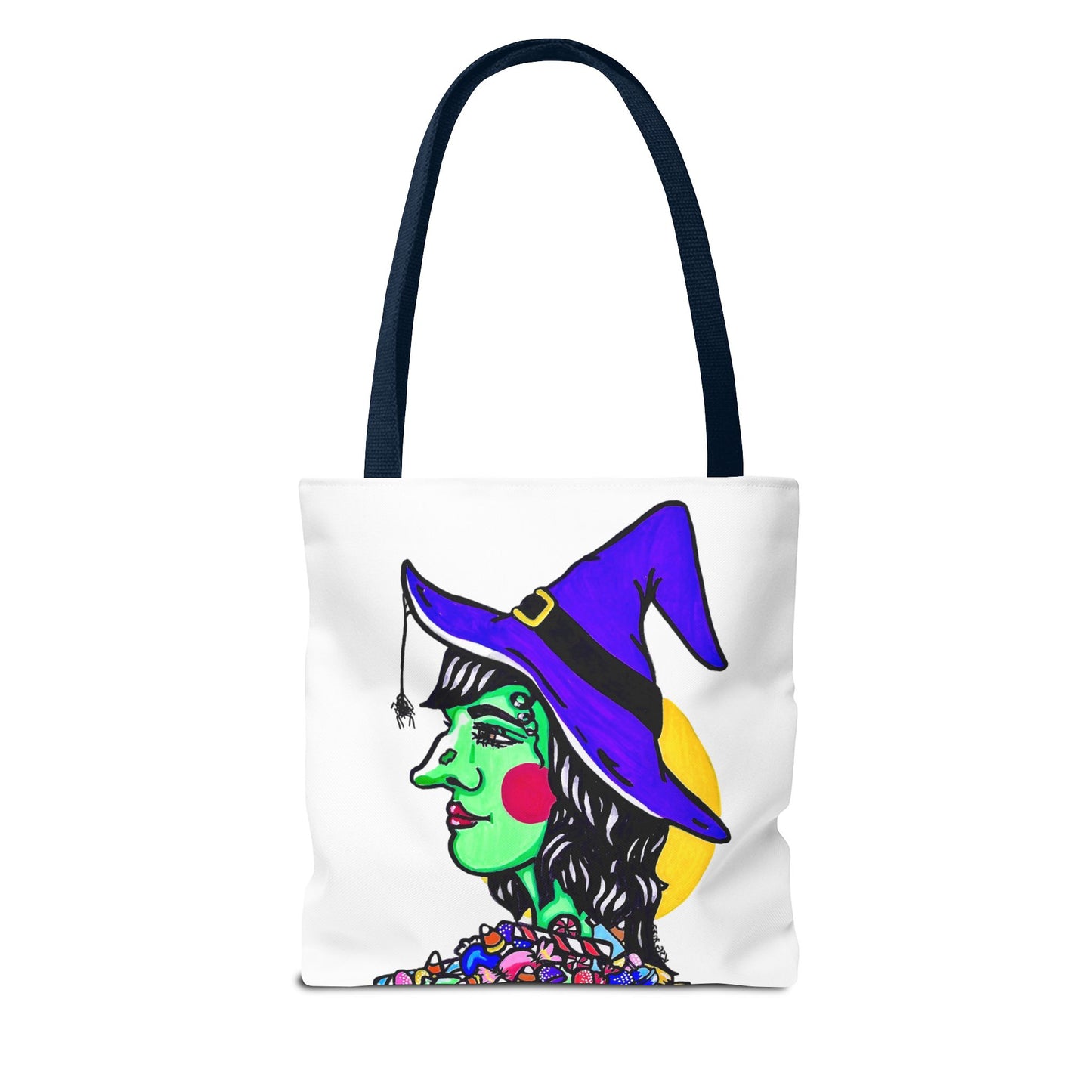 This is the Navy 13" x 13" Witch Tote Bag by Storm Garden Studio. The handles are color matched. The tote is all over white except for the illustration. It shows the side profile image of a witch. She is facing the left side. She has a purple witch hat with a black belt, yellow buckle, a spider crawling down the front, red rosy cheeks, red lips and assorted candy under the neck. Behind her is a bright yellow circle past her hair. The tote is against a white background.