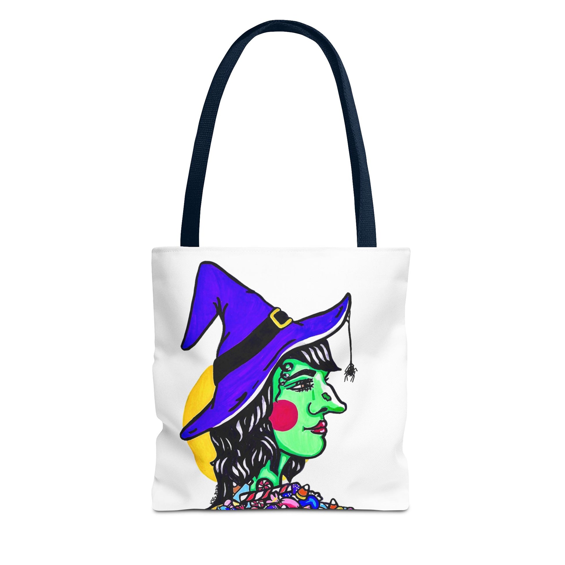 This is the Navy 13" x 13" Witch Tote Bag by Storm Garden Studio. The handles are color matched. The tote is all over white except for the illustration. It shows the side profile image of a witch. She is facing the right side. She has a purple witch hat with a black belt, yellow buckle, a spider crawling down the front, red rosy cheeks, red lips and assorted candy under the neck. Behind her is a bright yellow circle past her hair. The tote is against a white background.