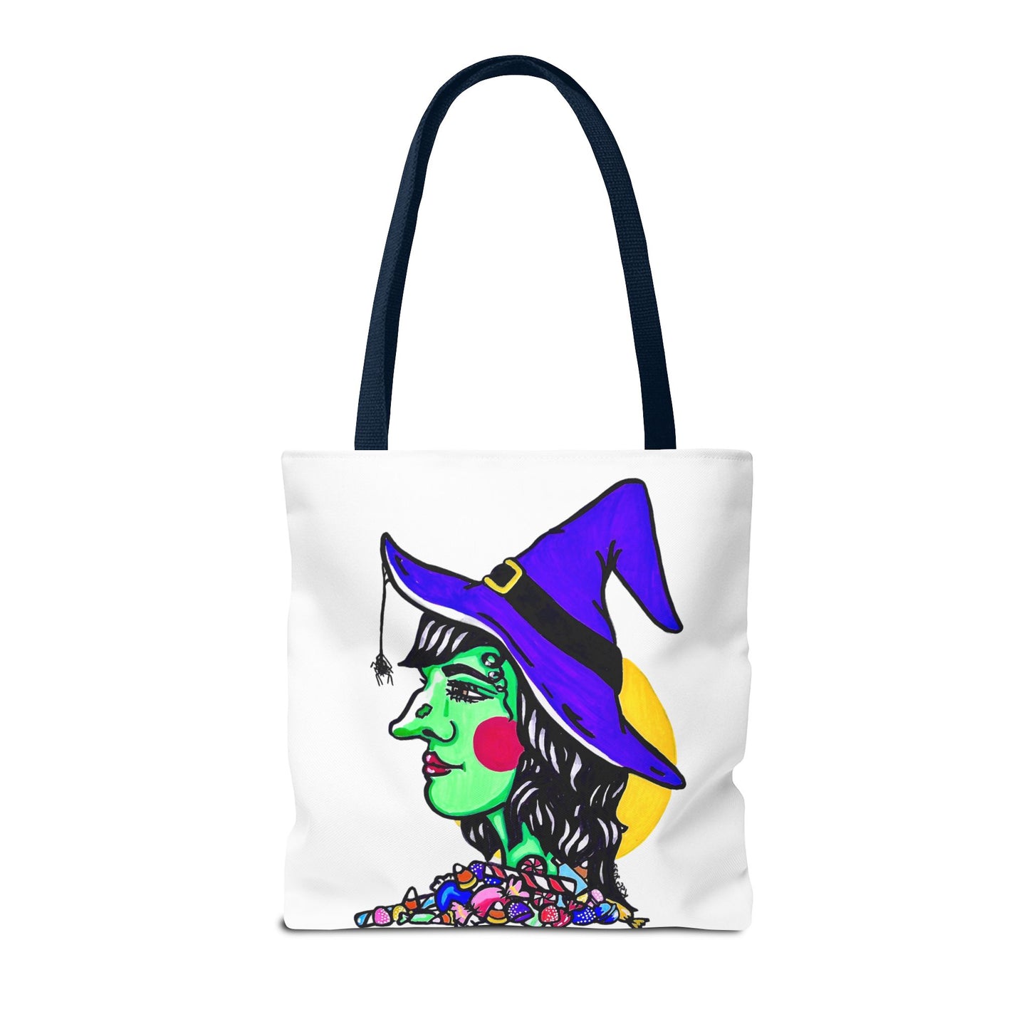 This is the Navy 16" x 16" Witch Tote Bag by Storm Garden Studio. The handles are color matched. The tote is all over white except for the illustration. It shows the side profile image of a witch. She is facing the left side. She has a purple witch hat with a black belt, yellow buckle, a spider crawling down the front, red rosy cheeks, red lips and assorted candy under the neck. Behind her is a bright yellow circle past her hair. The tote is against a white background.