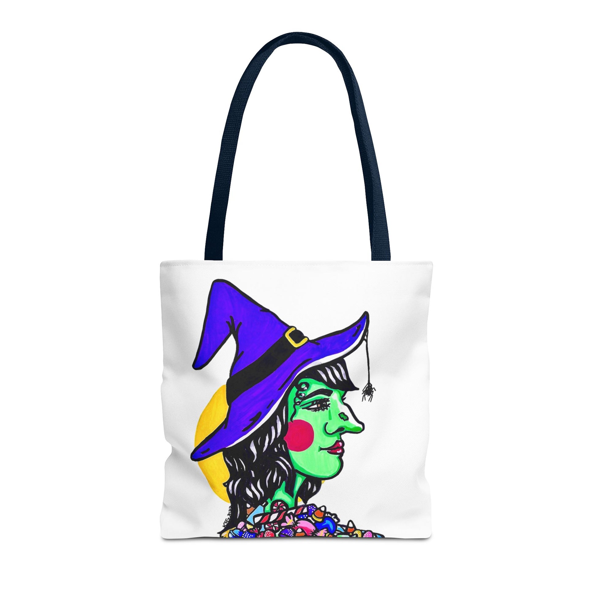 This is the Navy 16" x 16" Witch Tote Bag by Storm Garden Studio. The handles are color matched. The tote is all over white except for the illustration. It shows the side profile image of a witch. She is facing the right side. She has a purple witch hat with a black belt, yellow buckle, a spider crawling down the front, red rosy cheeks, red lips and assorted candy under the neck. Behind her is a bright yellow circle past her hair. The tote is against a white background.