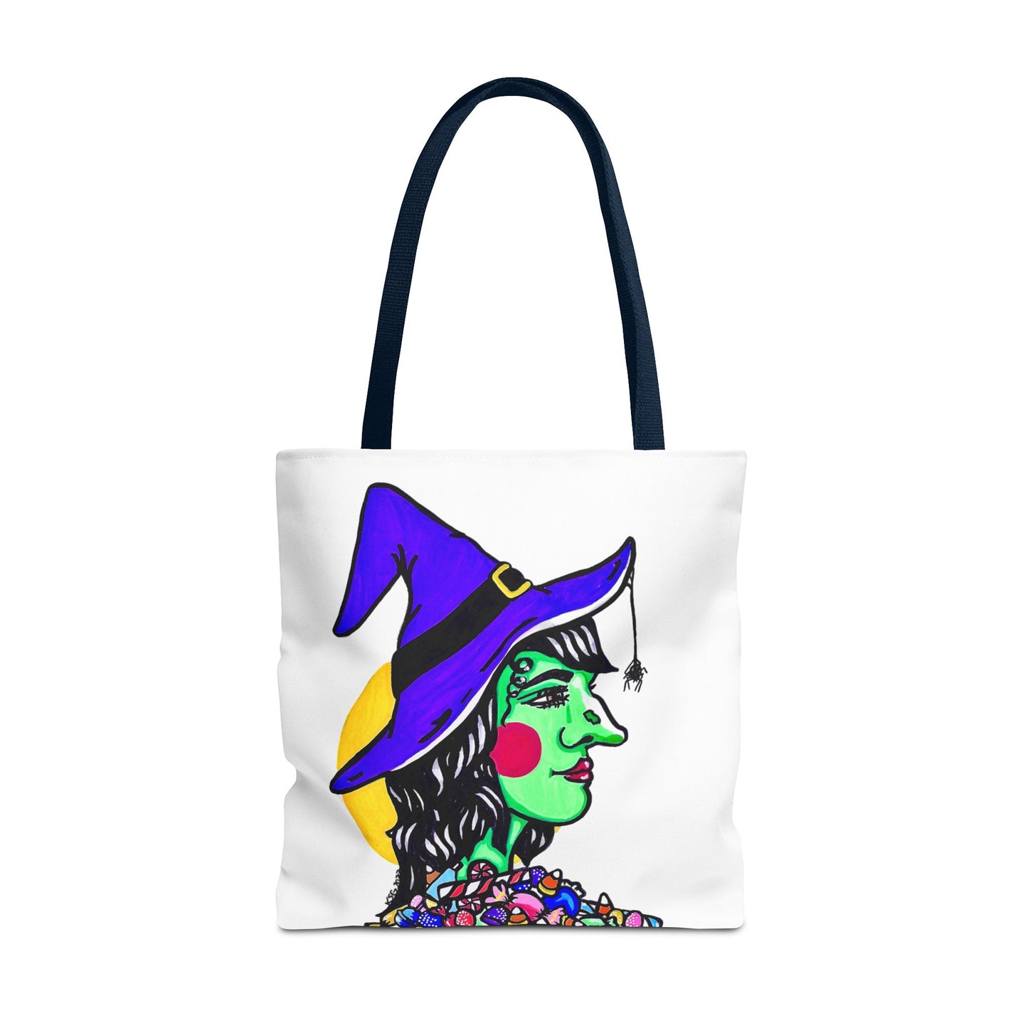 This is the Navy 18" x 18" Witch Tote Bag by Storm Garden Studio. The handles are color matched. The tote is all over white except for the illustration. It shows the side profile image of a witch. She is facing the right side. She has a purple witch hat with a black belt, yellow buckle, a spider crawling down the front, red rosy cheeks, red lips and assorted candy under the neck. Behind her is a bright yellow circle past her hair. The tote is against a white background.