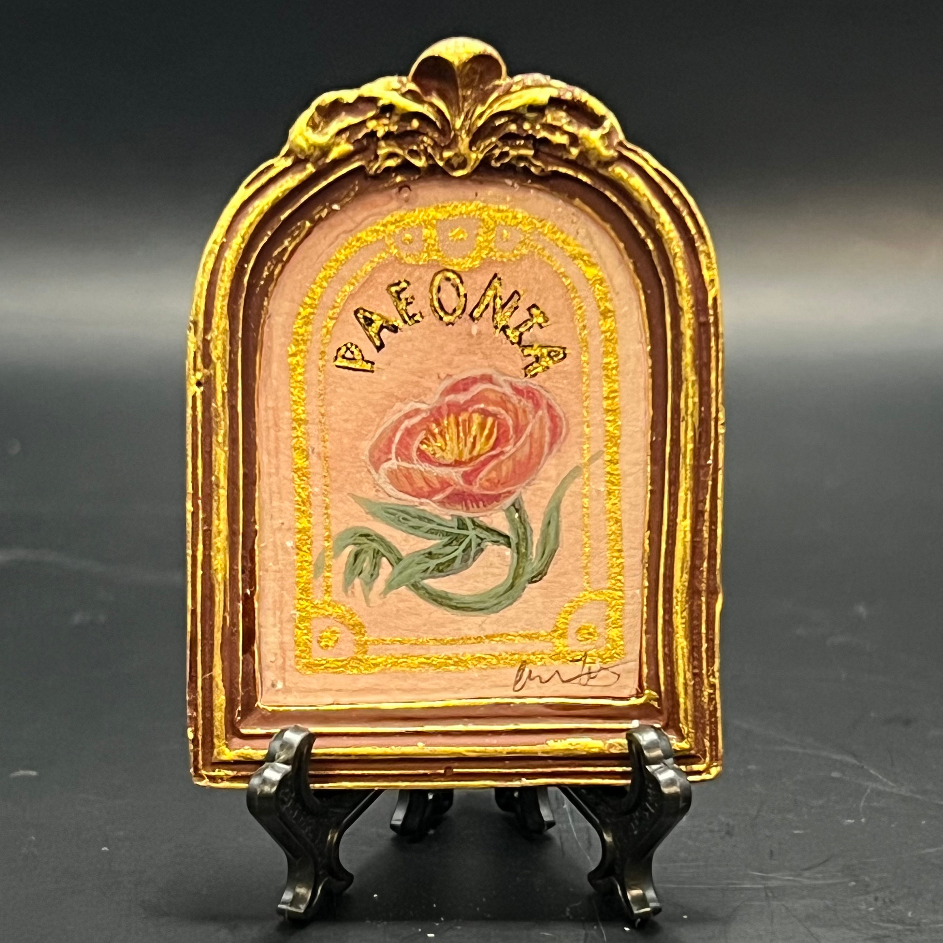 CFD Peonia mini painting by Chris Foster, acrylic on canvas, 4x4 inches, framed, Fragment of Wonder series, signed by artist