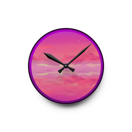 This is the 8" x 8" Pink Dremscape Acrylic Round Wall Clock by Lee Hansheng Studios. This is the front of the image with two black clock hands and the illustration behind it. The illustration is of the sky and clouds. The different pinks and hues are blended into the clouds and spreads outwards. There are dark purples on the side and yellows near the middle of the art piece. The clock is against a white background.