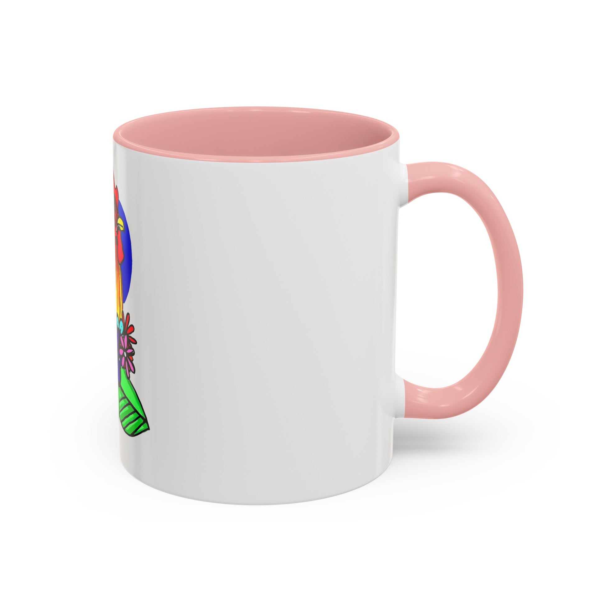 This it the Pink 11 oz Cock Accent Coffee Mug by Storm Garden Studio. This image showcases the back of the mug with the handle to the right. The handles are color matched. A bit of the illustration can be seen from the right with a bright green, orange and blue. It is against a white background. 