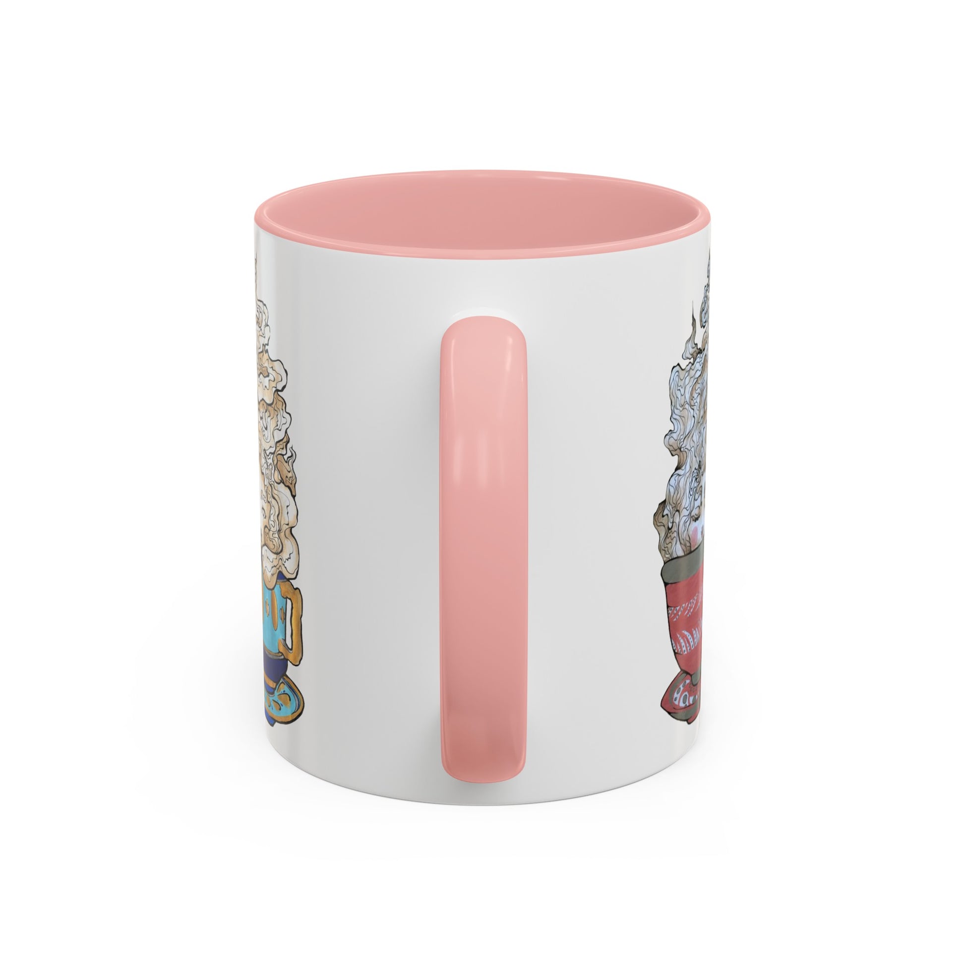 This is the Pink 11 oz Three Teas Mug by Chris Foster Design. This is the mug from the front where the handle is. The handle and inside of the mug are both color matched. The cup body is white. There is a bit of illustration from the left and right sides with the teacups and mist. The colors are gold, red, green, teal/aqua and white. The mug is against a white background.