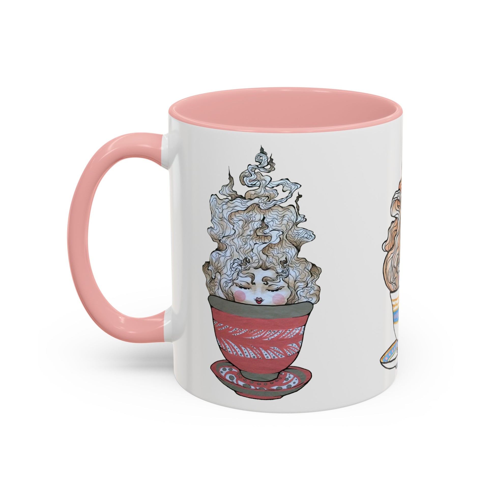 This is the Pink 11 oz Three Teas Mug by Chris Foster Design. This is the mug from the left side, handle is on the left, inside of the mug are both color matched. The cup body is white. There is one illustration that can be seen called the Green Tea. A red, white and dark green teacup with plate set. The mist from the teacup is white and red going upwards. There is a lady face in the middle of the teacup with red blushing cheeks, red open lips and eyebrows that float outwards.