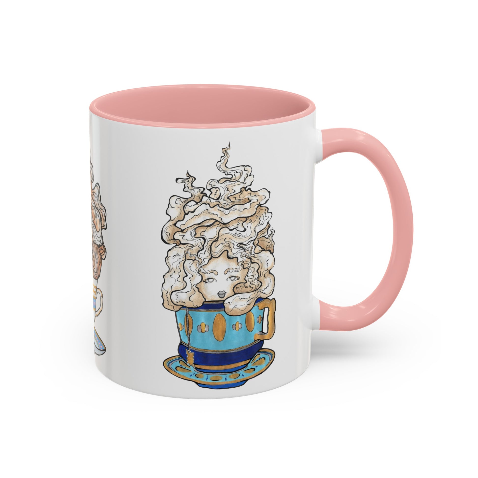 This is the Pink 11 oz Three Teas Mug by Chris Foster Design. This is the mug from the right side where the handle is. The handle and inside of the mug are both color matched. The cup body is white. The illustration is called Earl Grey. A gold, light blue and dark blue teacup with a tan, yellow and white steam. The steam is swirly and goes up and outwards. In the middle is a lady's face. The mug is against a white background.