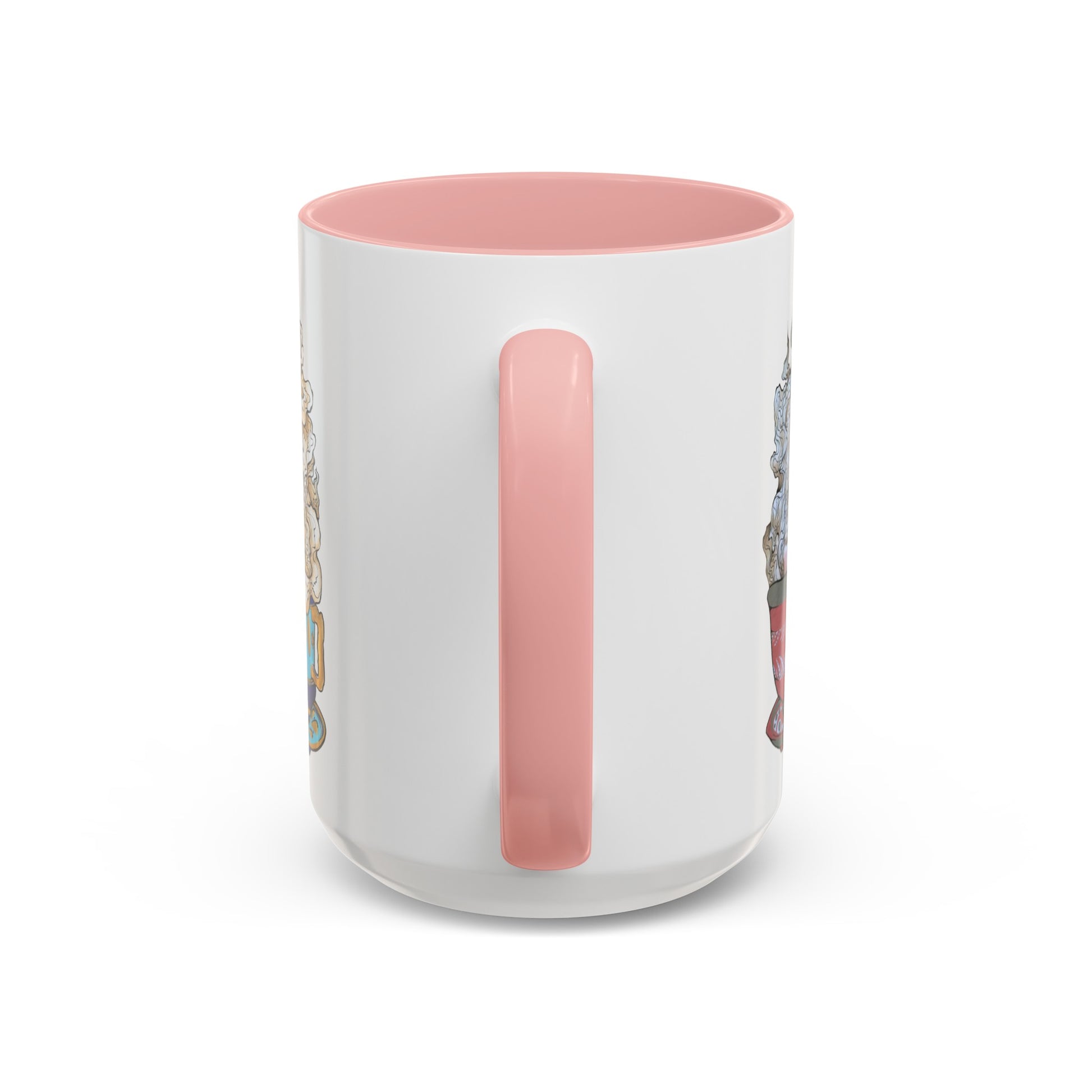 This is the Pink 15 oz Three Teas Mug by Chris Foster Design. This is the mug from the front where the handle is. The handle and inside of the mug are both color matched. The cup body is white. There is a bit of illustration from the left and right sides with the teacups and mist. The colors are gold, red, green, teal/aqua and white. The mug is against a white background.