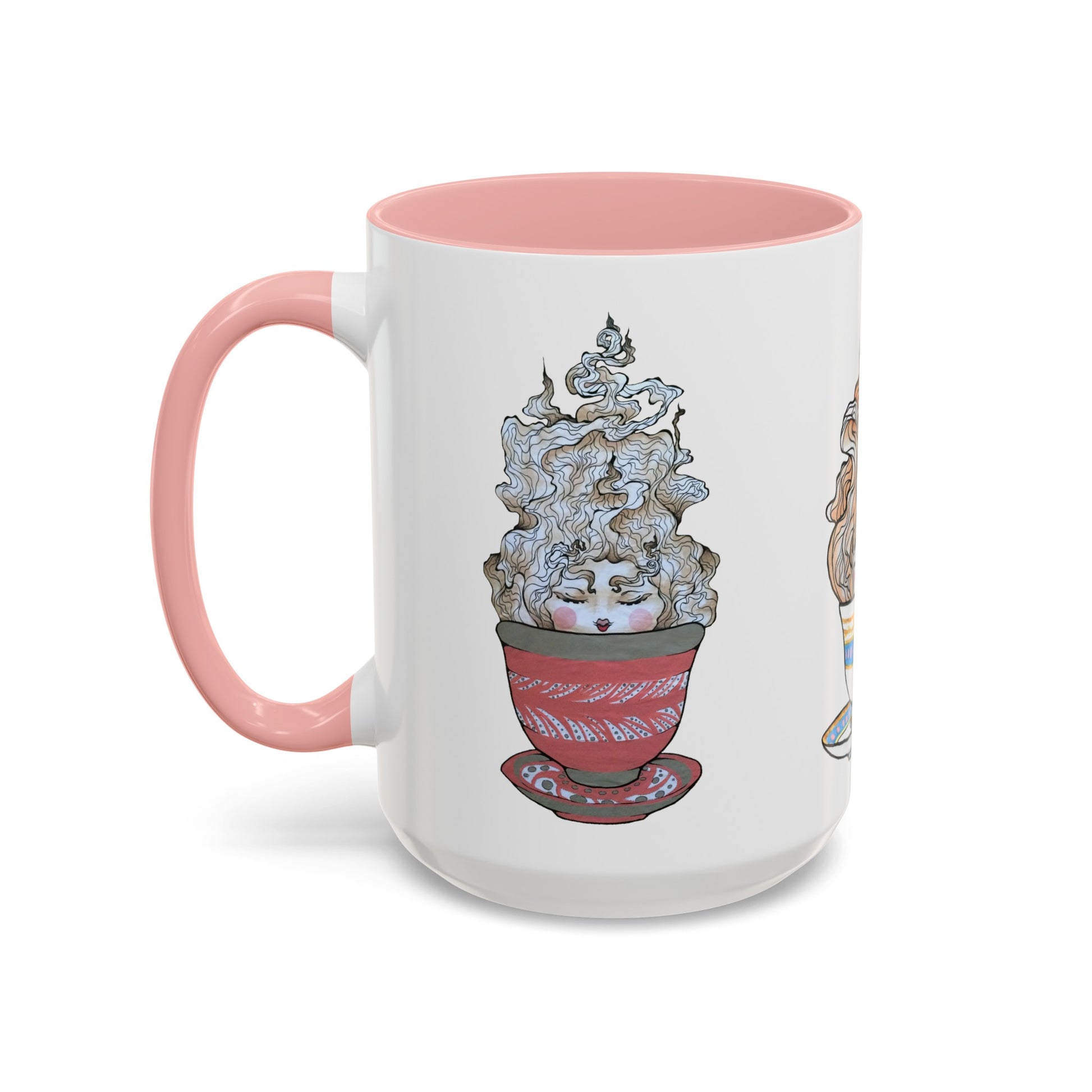 This is the Pink 15 oz Three Teas Mug by Chris Foster Design. This is the mug from the left side, handle is on the left, inside of the mug are both color matched. The cup body is white. There is one illustration that can be seen called the Green Tea. A red, white and dark green teacup with plate set. The mist from the teacup is white and red going upwards. There is a lady face in the middle of the teacup with red blushing cheeks, red open lips and eyebrows that float outwards.