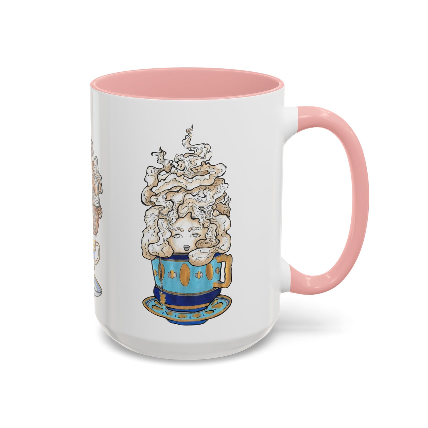 This is the Pink 15 oz Three Teas Mug by Chris Foster Design. This is the mug from the right side where the handle is. The handle and inside of the mug are both color matched. The cup body is white. The illustration is called Earl Grey. A gold, light blue and dark blue teacup with a tan, yellow and white steam. The steam is swirly and goes up and outwards. In the middle is a lady's face. The mug is against a white background.