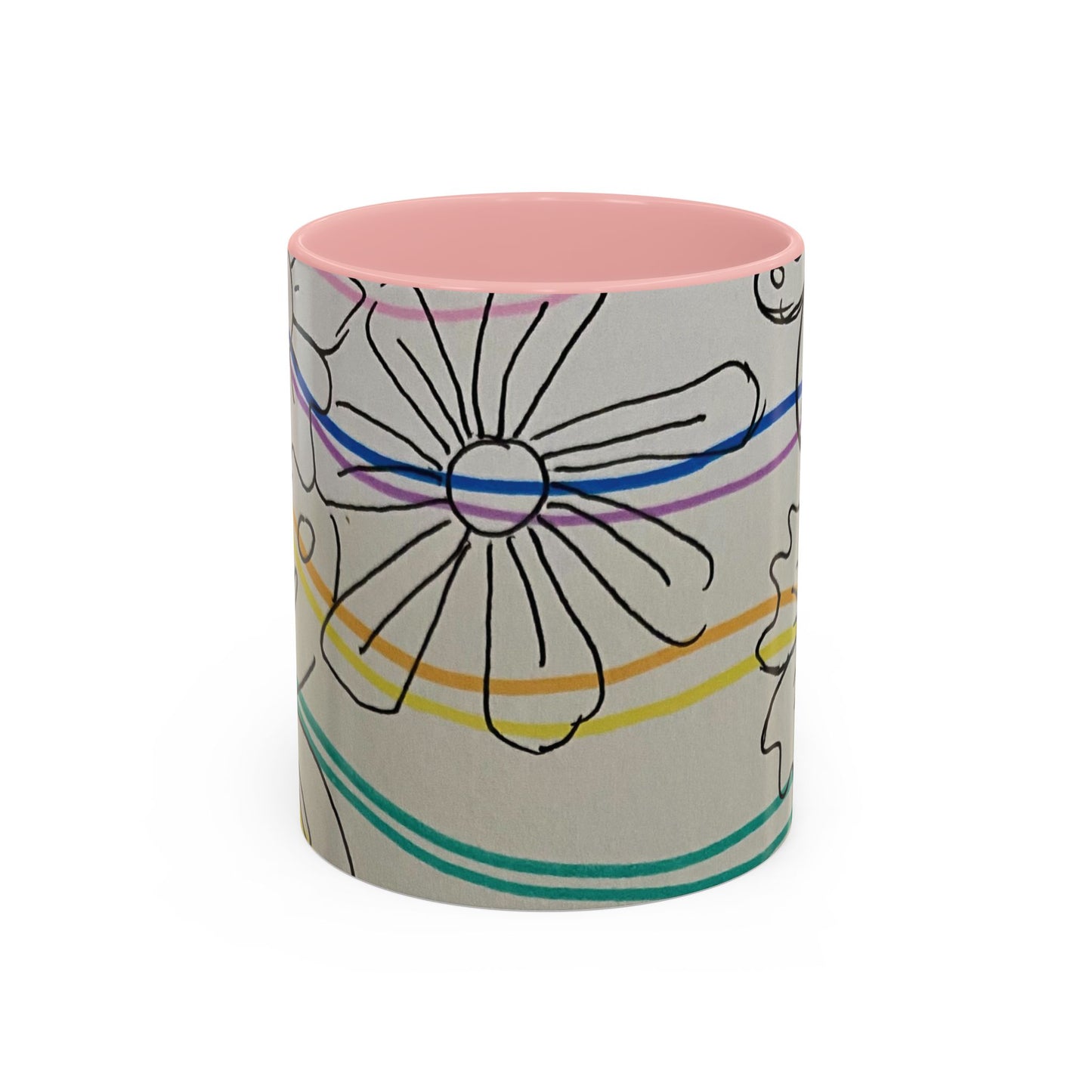 This is the 11oz Pink Wavy Flower Accent Mug by Storm Garden Studio. The image showcases view from the front. The handle and inside of mug are color matched. The illustration shows assorted flowers lined in black with waves behind it. There is a gray background to the illustration. There is one flower shown in the image and two flowers barely shown at each side. The colors are red, pink, blue, purple, yellow and green. The image is against a white background.