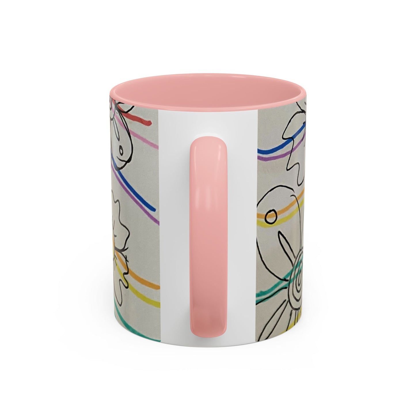 This is the 11oz Pink Wavy Flower Accent Mug by Storm Garden Studio. The image showcases view from the handle facing towards us. The handle and inside of mug are color matched. There is a white space where the handle is. To the right and left are small wave patterns on a gray background. The colors are red, pink, blue, purple, yellow and green. The image is against a white background.