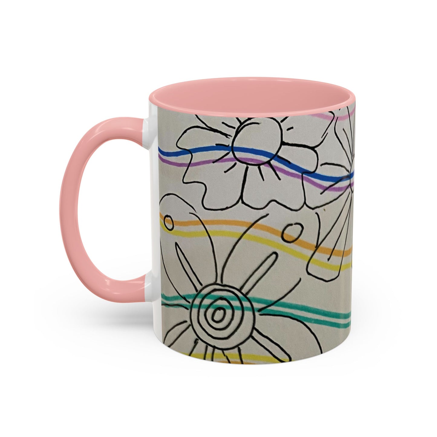 This is the 11oz Pink Wavy Flower Accent Mug by Storm Garden Studio. The image showcases view from the handle facing to the left. The handle and inside of mug are color matched. The illustration shows assorted flowers lined in black with waves behind it. There is a gray background to the illustration. There are two and a half flowers shown in the image. The colors are red, pink, blue, purple, yellow and green. The image is against a white background.