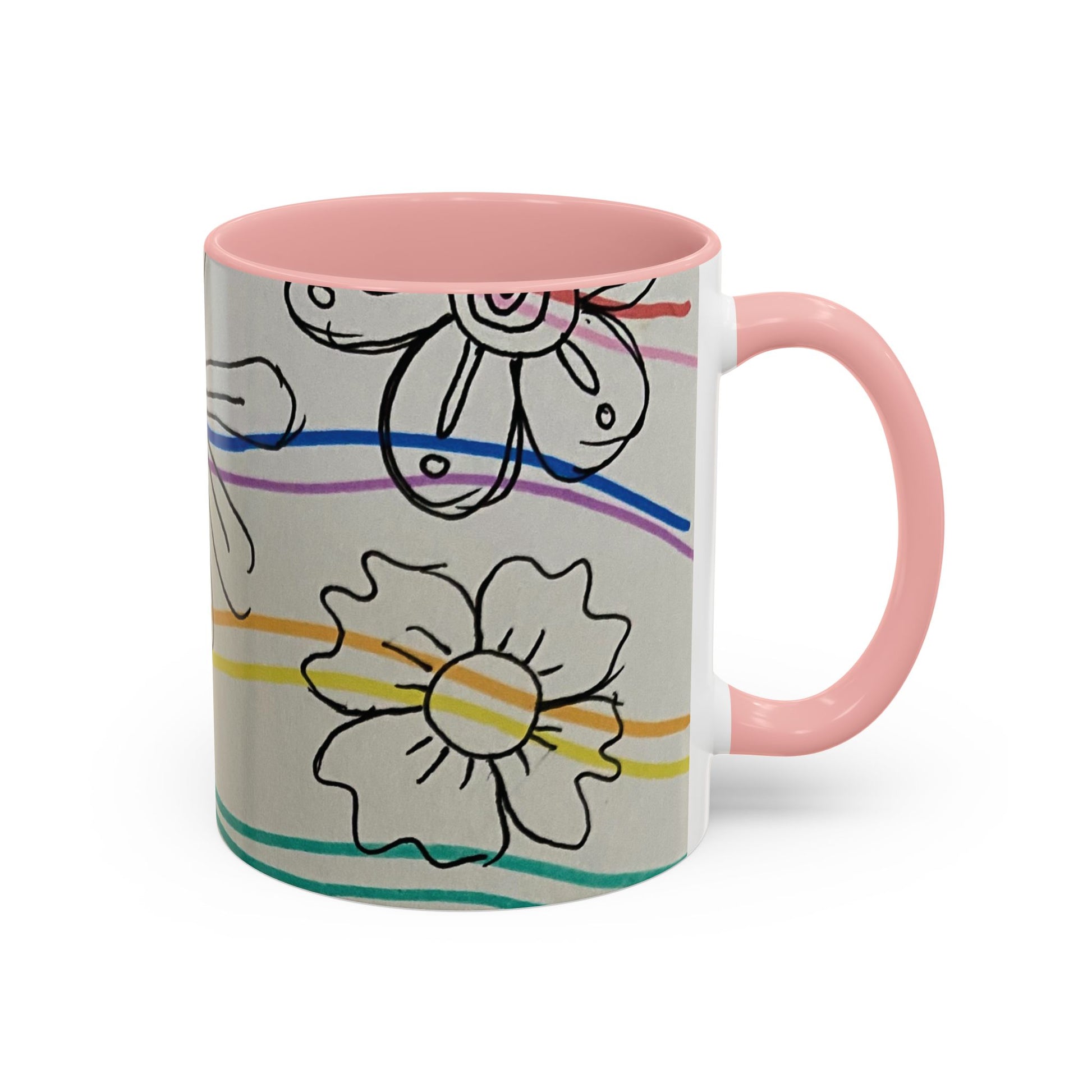 This is the 11oz Pink Wavy Flower Accent Mug by Storm Garden Studio. The image showcases view from the handle facing to the right. The handle and inside of mug are color matched. The illustration shows assorted flowers lined in black with waves behind it. There is a gray background to the illustration. There are two flowers shown in the image. The colors are red, pink, blue, purple, yellow and green. The image is against a white background.