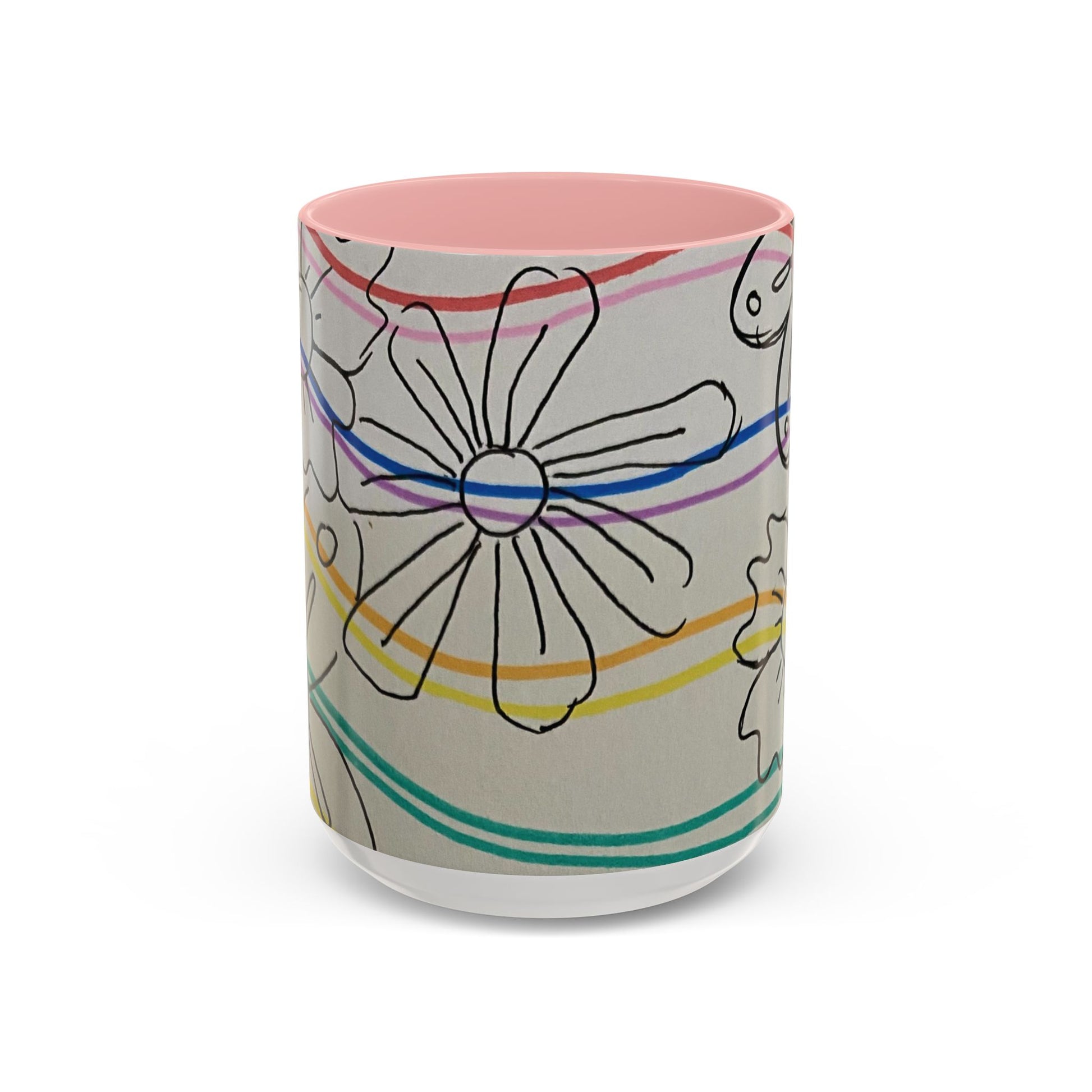 This is the 15oz Pink Wavy Flower Accent Mug by Storm Garden Studio. The image showcases view from the front. The handle and inside of mug are color matched. The illustration shows assorted flowers lined in black with waves behind it. There is a gray background to the illustration. There is one flower shown in the image and two flowers barely shown at each side. The colors are red, pink, blue, purple, yellow and green. The image is against a white background.