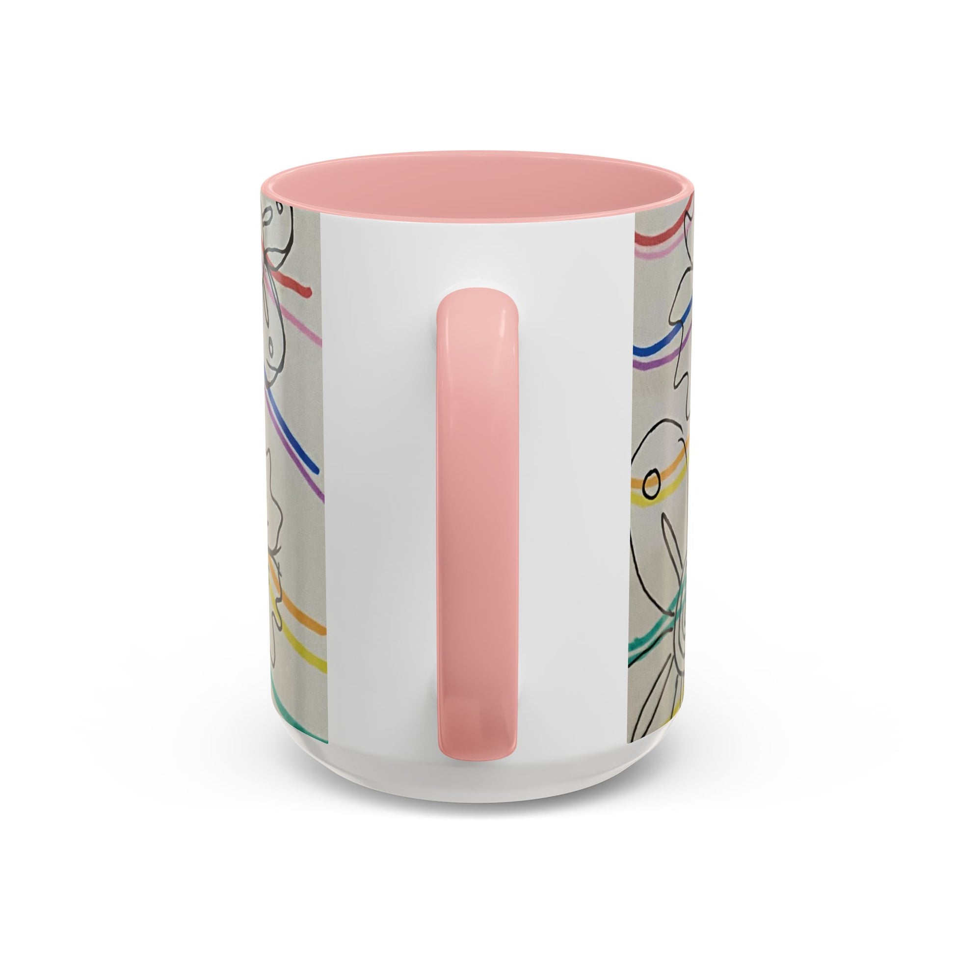 This is the 15oz Pink Wavy Flower Accent Mug by Storm Garden Studio. The image showcases view from the handle facing towards us. The handle and inside of mug are color matched. There is a white space where the handle is. To the right and left are small wave patterns on a gray background. The colors are red, pink, blue, purple, yellow and green. The image is against a white background.