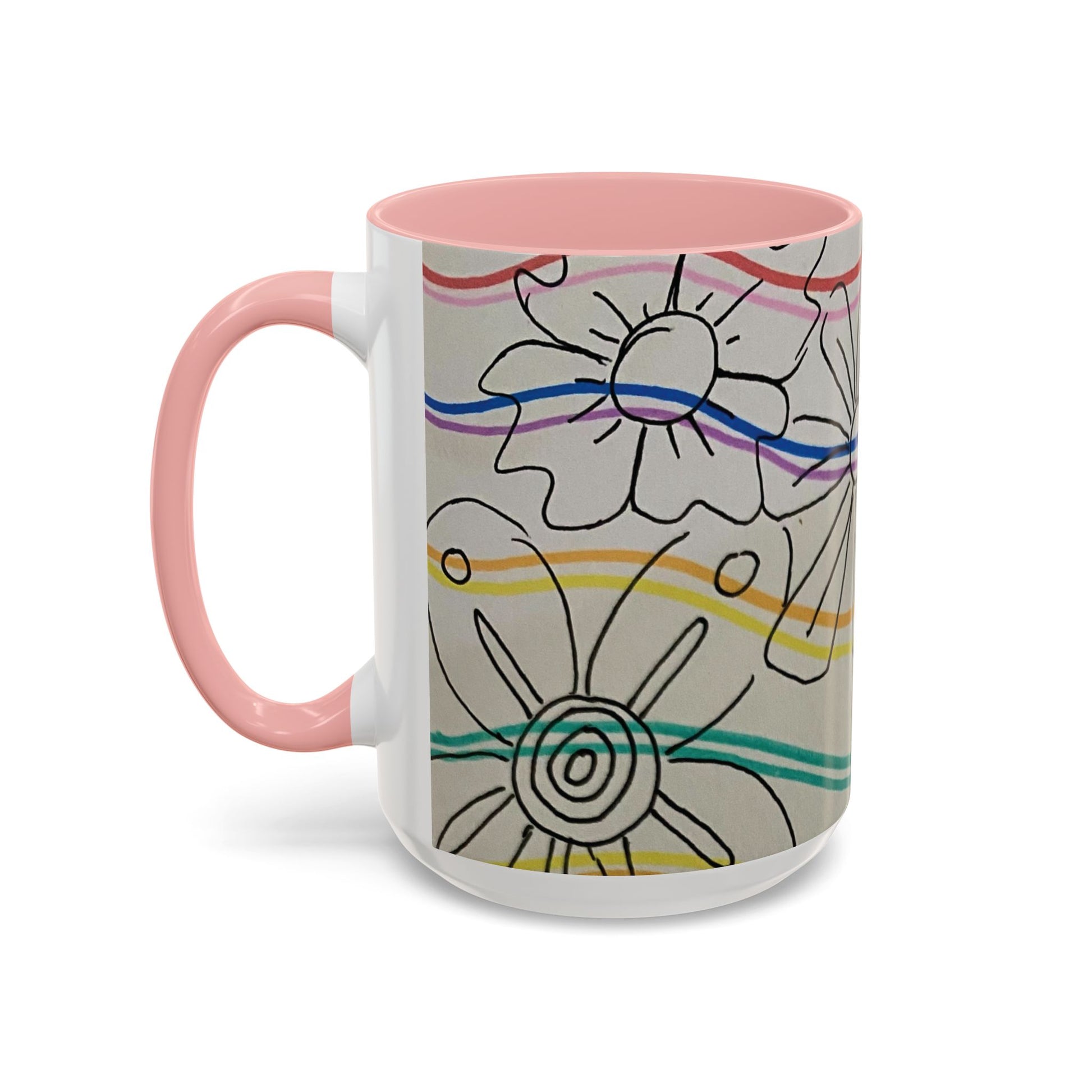 This is the 15oz Pink Wavy Flower Accent Mug by Storm Garden Studio. The image showcases view from the handle facing to the left. The handle and inside of mug are color matched. The illustration shows assorted flowers lined in black with waves behind it. There is a gray background to the illustration. There are two and a half flowers shown in the image. The colors are red, pink, blue, purple, yellow and green. The image is against a white background.