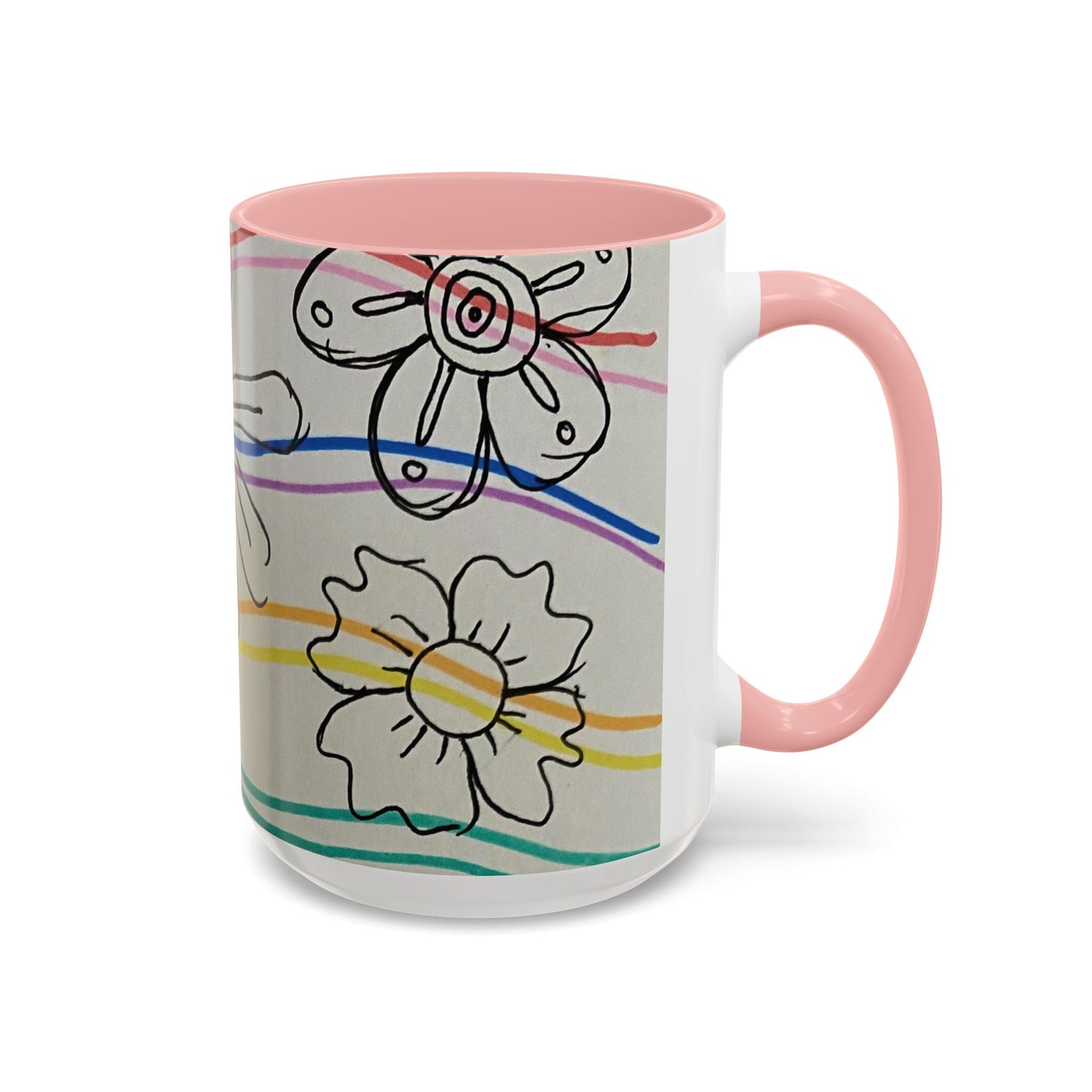 This is the 15oz Pink Wavy Flower Accent Mug by Storm Garden Studio. The image showcases view from the handle facing to the right. The handle and inside of mug are color matched. The illustration shows assorted flowers lined in black with waves behind it. There is a gray background to the illustration. There are two flowers shown in the image. The colors are red, pink, blue, purple, yellow and green. The image is against a white background.