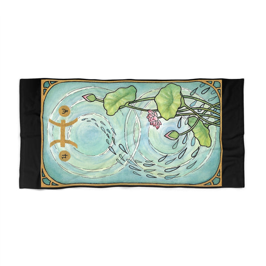This is the 30" x 60" Pisces Beach Towel by Chris Foster Design. The illustration covers most of front of the towel. Designed like a tarot card with a gold intricate border and pisces symbol.In the background a pond that has two circular ripples,the right side has the lily flowers growing upwards with two green leaves,one blooming pink flower, two buds,and a green trail of seeds. The towel is on a beach chair, on the sand, palm tree to the left, rocks behind and a small boat. 