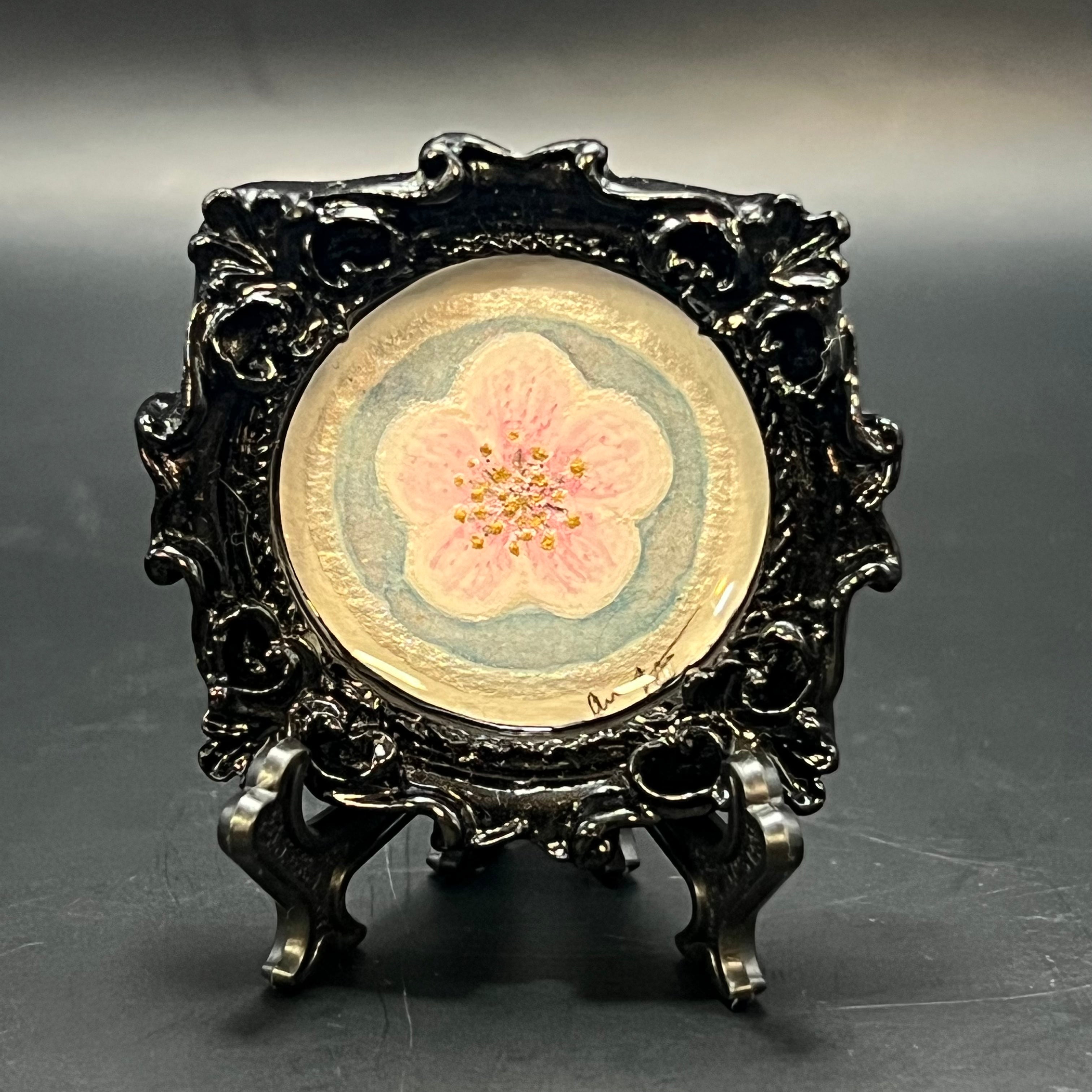 CFD Plum Blossom Bloom Circle mini painting in acrylic on canvas, 4x4 inches, framed by The Art Collective International