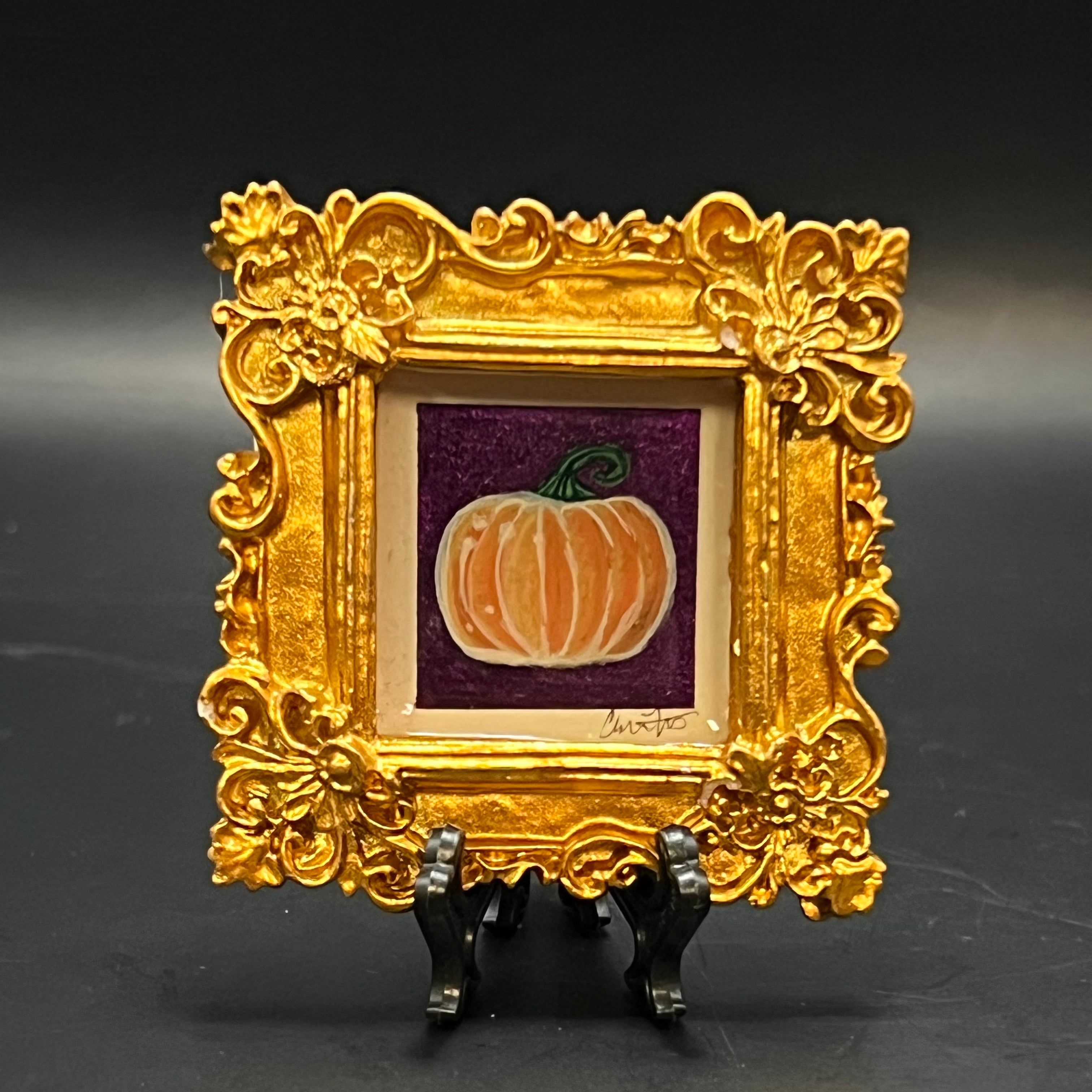 Miniature pumpkin painting in oil on canvas, 4x4 inches, framed by The Art Collective International, Chris Foster design