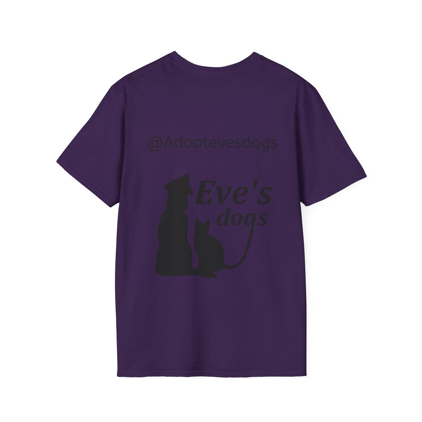 This is the Purple Adopt Eve's Dogs T-Shirt. It comes in XS - 5XL. This is an image of the back of the shirt. On the back there is print in black saying, "@Adoptevesdogs" and "Eve's dogs". There is a dog and cat printed on the back too. It is against a white background.