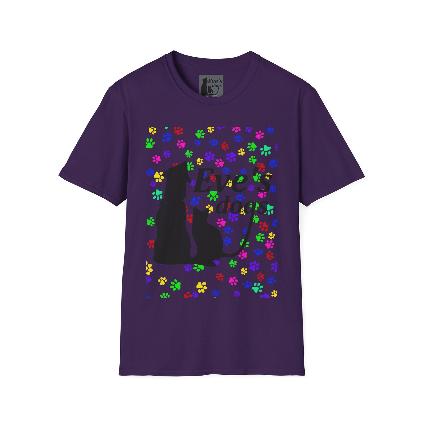 This is the Purple Adopt Eve's Dogs T-Shirt. It comes in XS - 5XL. This is an image of the front of the shirt. The size label is a grey and black tag with a dog and cat with the "Eve's dogs" writing. The front has pink, green, blue, purple, red paw prints in different sizes. Also, the dog and cat with "Eve's dogs" printed in black. The illustration has a clear background so you see the paw prints, animals and the text print on color of shift. The shirt is against a white background.