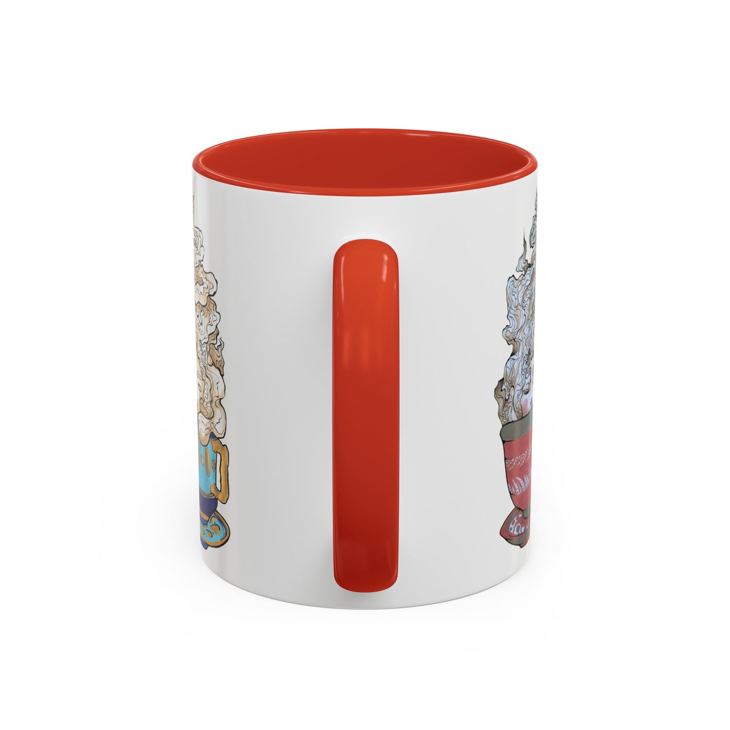 This is the Red 11 oz Three Teas Mug by Chris Foster Design. This is the mug from the front where the handle is. The handle and inside of the mug are both color matched. The cup body is white. There is a bit of illustration from the left and right sides with the teacups and mist. The colors are gold, red, green, teal/aqua and white. The mug is against a white background.